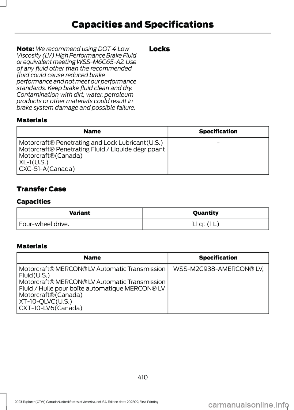 FORD EXPLORER 2023 Owners Manual Note:We recommend using DOT 4 LowViscosity (LV) High Performance Brake Fluidor equivalent meeting WSS-M6C65-A2. Useof any fluid other than the recommendedfluid could cause reduced brakeperformance and FORD EXPLORER 2023 Owners Manual Note:We recommend using DOT 4 LowViscosity (LV) High Performance Brake Fluidor equivalent meeting WSS-M6C65-A2. Useof any fluid other than the recommendedfluid could cause reduced brakeperformance and