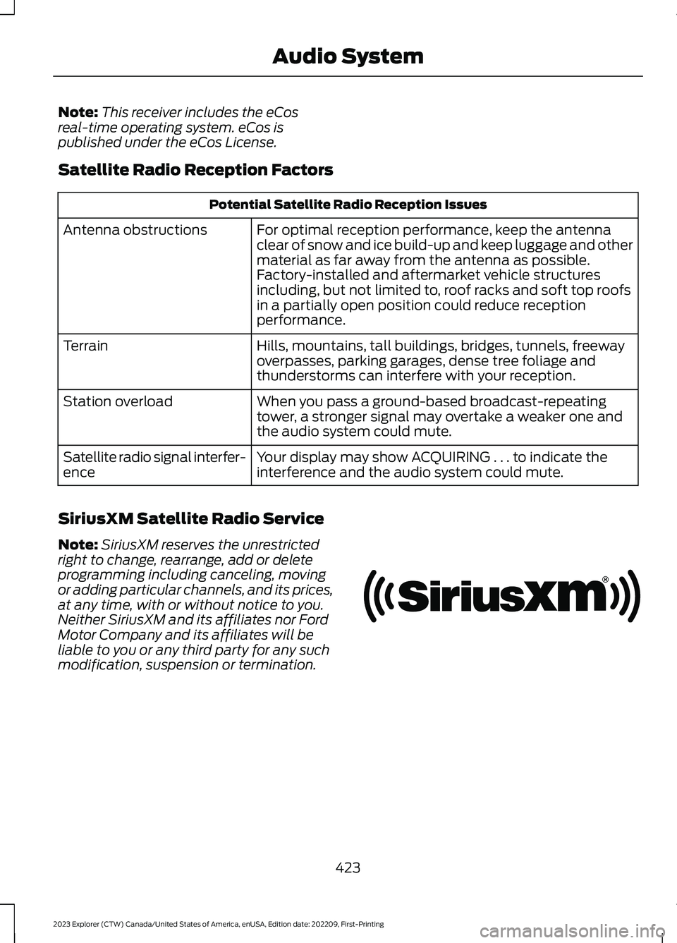 FORD EXPLORER 2023 Owners Manual Note:This receiver includes the eCosreal-time operating system. eCos ispublished under the eCos License.
Satellite Radio Reception Factors
Potential Satellite Radio Reception Issues
For optimal recept FORD EXPLORER 2023 Owners Manual Note:This receiver includes the eCosreal-time operating system. eCos ispublished under the eCos License.
Satellite Radio Reception Factors
Potential Satellite Radio Reception Issues
For optimal recept