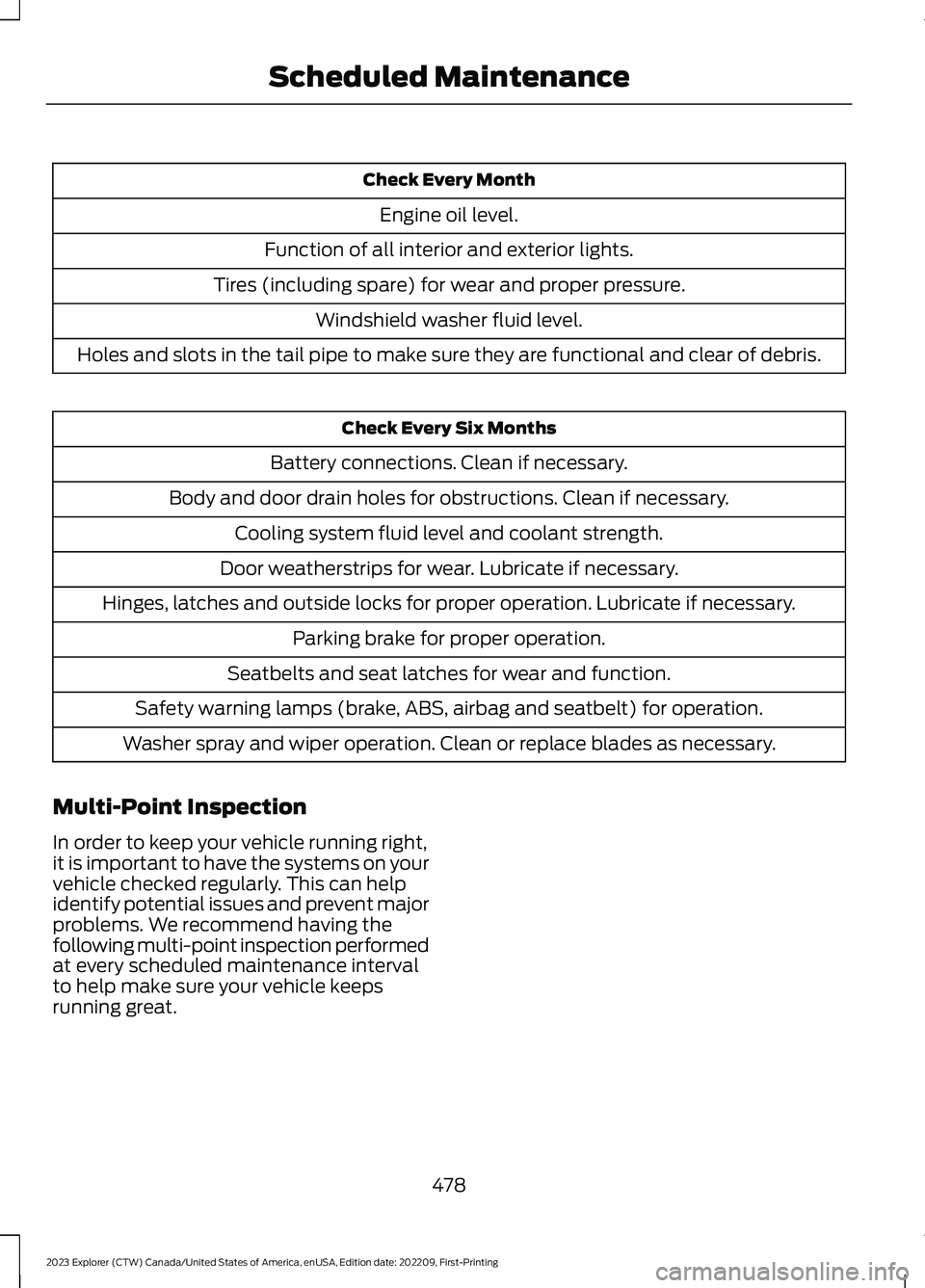 FORD EXPLORER 2023  Owners Manual Check Every Month
Engine oil level.
Function of all interior and exterior lights.
Tires (including spare) for wear and proper pressure.
Windshield washer fluid level.
Holes and slots in the tail pipe 