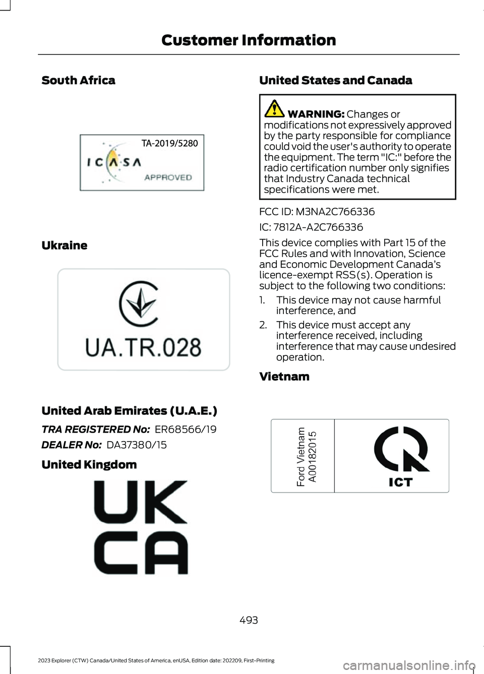 FORD EXPLORER 2023  Owners Manual South Africa
Ukraine
United Arab Emirates (U.A.E.)
TRA REGISTERED No:  ER68566/19
DEALER No:  DA37380/15
United Kingdom
United States and Canada
WARNING: Changes ormodifications not expressively appro
