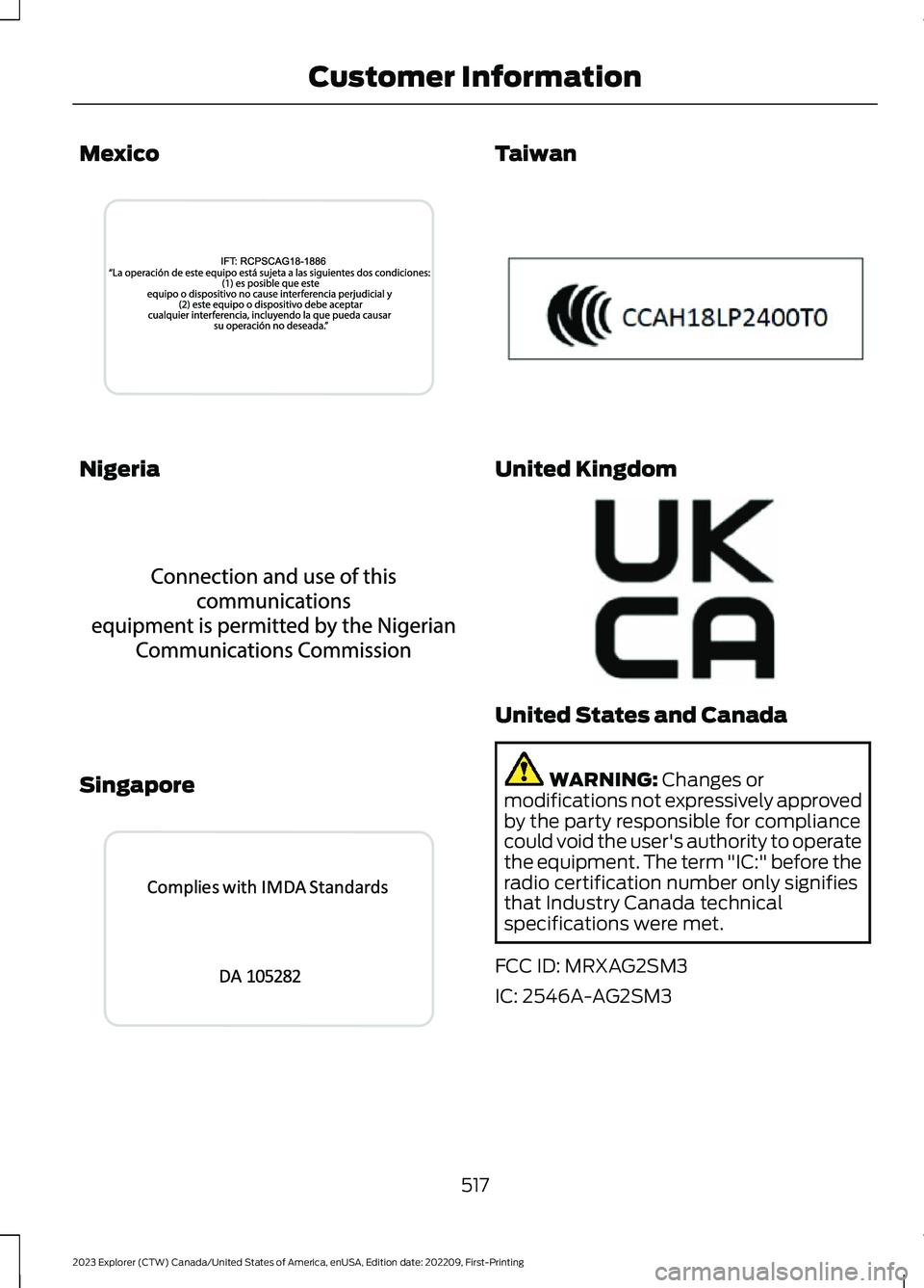 FORD EXPLORER 2023  Owners Manual Mexico
Nigeria
Singapore
Taiwan
United Kingdom
United States and Canada
WARNING: Changes ormodifications not expressively approvedby the party responsible for compliancecould void the user's autho