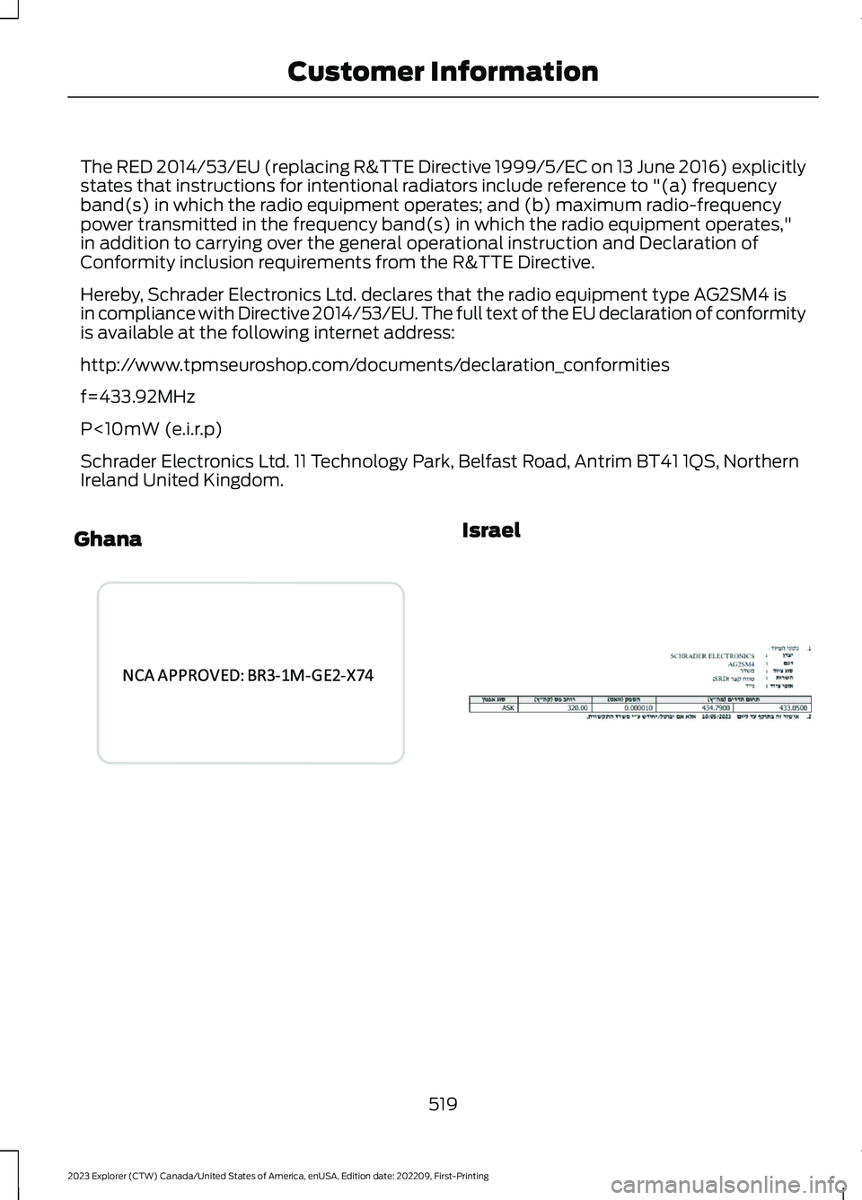 FORD EXPLORER 2023  Owners Manual The RED 2014/53/EU (replacing R&TTE Directive 1999/5/EC on 13 June 2016) explicitlystates that instructions for intentional radiators include reference to "(a) frequencyband(s) in which the radio 
