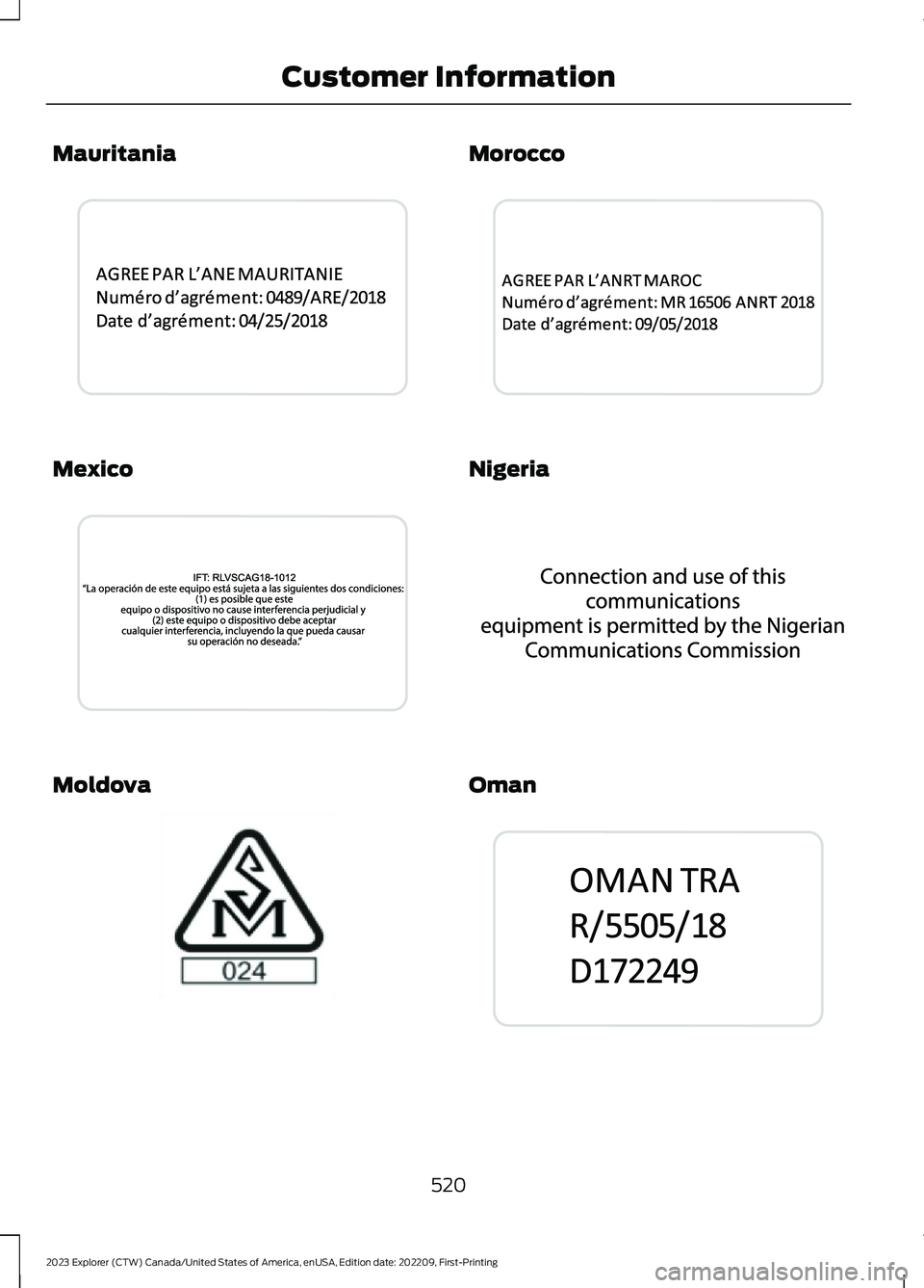 FORD EXPLORER 2023  Owners Manual Mauritania
Mexico
Moldova
Morocco
Nigeria
Oman
520
2023 Explorer (CTW) Canada/United States of America, enUSA, Edition date: 202209, First-PrintingCustomer InformationE339946   E342358  E337971  E3399