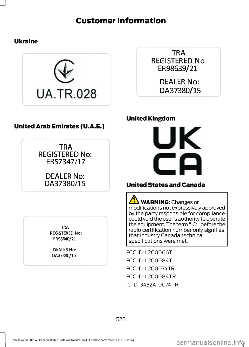 FORD EXPLORER 2023 Owners Manual Ukraine
United Arab Emirates (U.A.E.)
United Kingdom
United States and Canada
WARNING: Changes ormodifications not expressively approvedby the party responsible for compliancecould void the user's FORD EXPLORER 2023 Owners Manual Ukraine
United Arab Emirates (U.A.E.)
United Kingdom
United States and Canada
WARNING: Changes ormodifications not expressively approvedby the party responsible for compliancecould void the user's