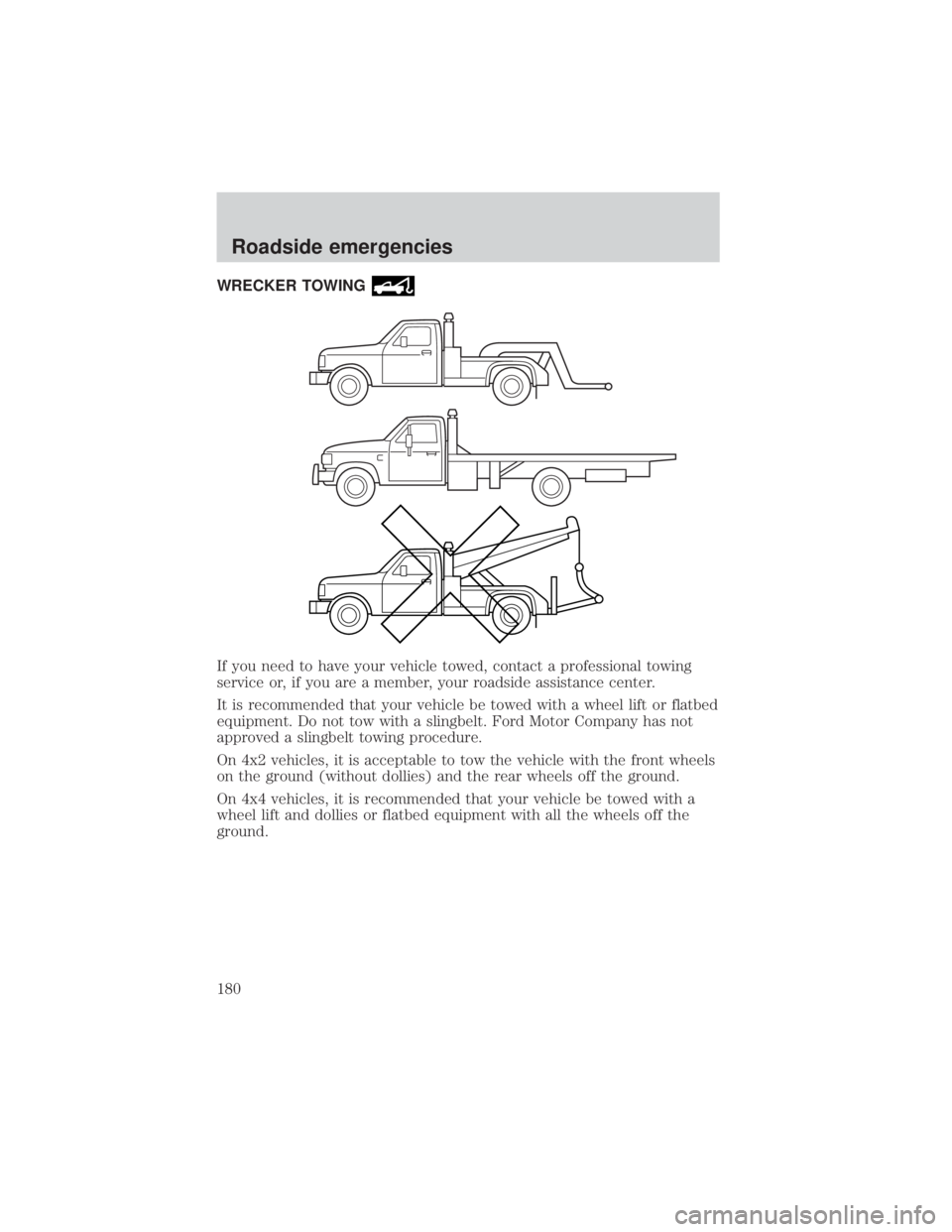 FORD EXPLORER SPORT TRAC 2001  Owners Manual WRECKER TOWING
If you need to have your vehicle towed, contact a professional towing
service or, if you are a member, your roadside assistance center.
It is recommended that your vehicle be towed with