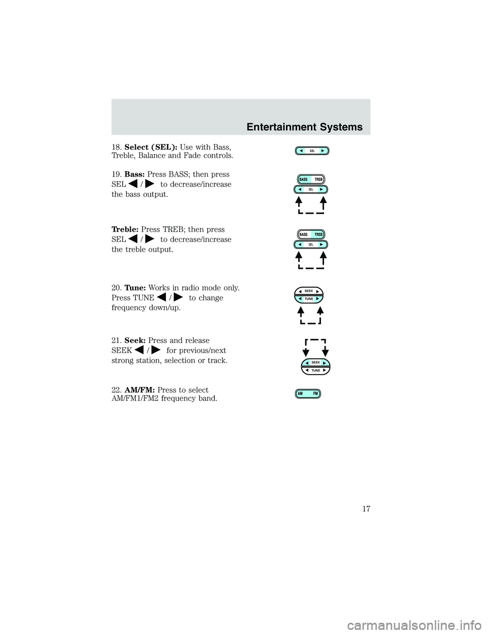 FORD EXPLORER SPORT TRAC 2002 User Guide 18.Select (SEL):Use with Bass,
Treble, Balance and Fade controls.
19.Bass:Press BASS; then press
SEL
/to decrease/increase
the bass output.
Treble:Press TREB; then press
SEL
/to decrease/increase
the FORD EXPLORER SPORT TRAC 2002 User Guide 18.Select (SEL):Use with Bass,
Treble, Balance and Fade controls.
19.Bass:Press BASS; then press
SEL
/to decrease/increase
the bass output.
Treble:Press TREB; then press
SEL
/to decrease/increase
the