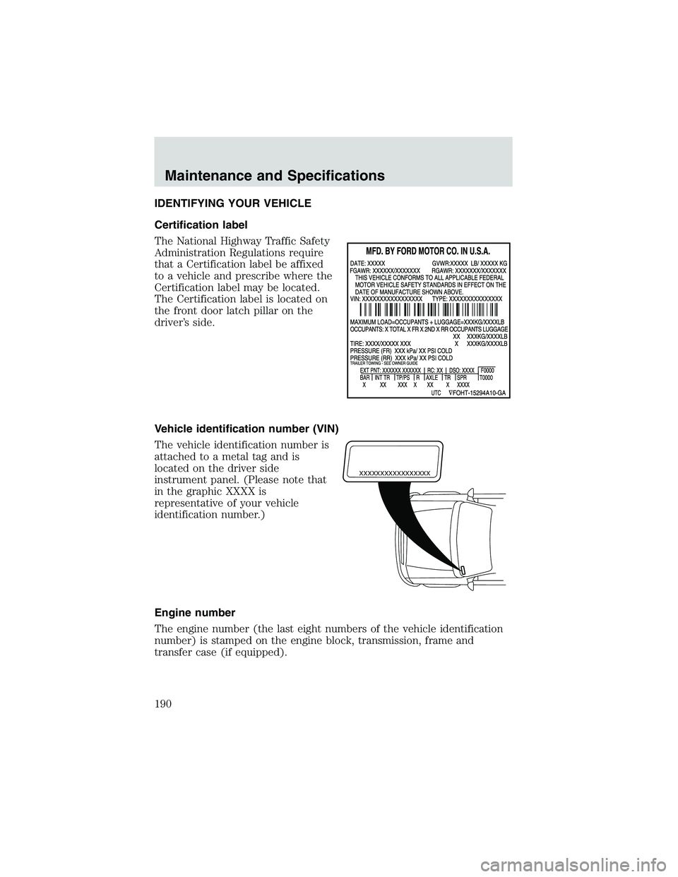 FORD EXPLORER SPORT TRAC 2002  Owners Manual IDENTIFYING YOUR VEHICLE
Certification label
The National Highway Traffic Safety
Administration Regulations require
that a Certification label be affixed
to a vehicle and prescribe where the
Certifica