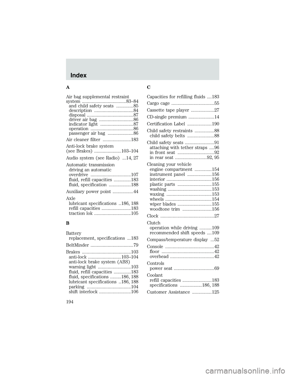 FORD EXPLORER SPORT TRAC 2002  Owners Manual A
Air bag supplemental restraint
system ....................................83–84
and child safety seats ..............85
description ................................84
disposal ....................