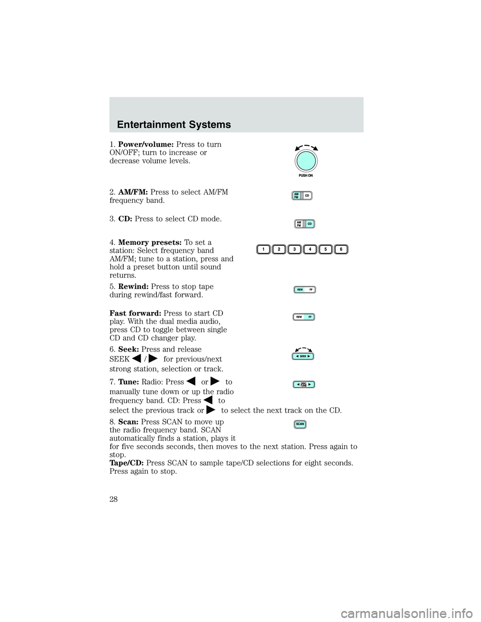 FORD EXPLORER SPORT TRAC 2002 Owners Manual 1.Power/volume:Press to turn
ON/OFF; turn to increase or
decrease volume levels.
2.AM/FM:Press to select AM/FM
frequency band.
3.CD:Press to select CD mode.
4.Memory presets:To set a
station: Select f
