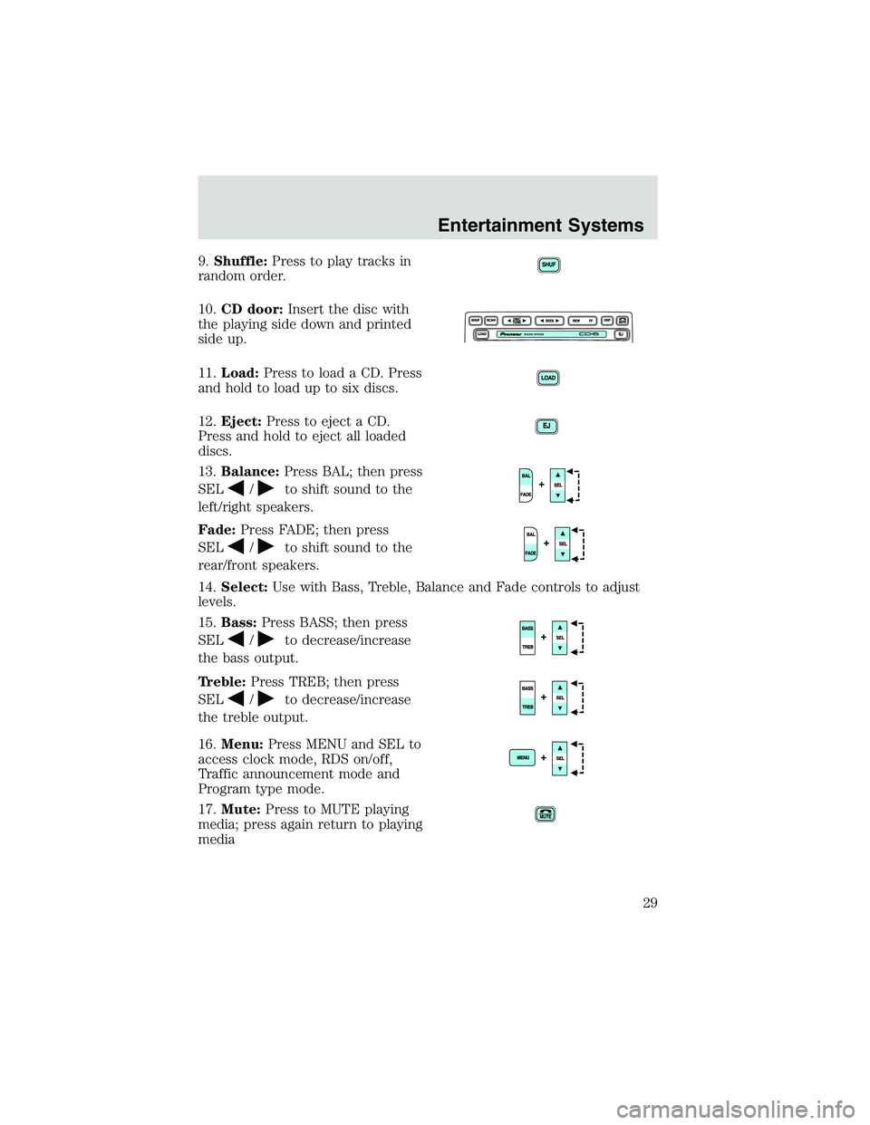 FORD EXPLORER SPORT TRAC 2002 Owners Manual 9.Shuffle:Press to play tracks in
random order.
10.CD door:Insert the disc with
the playing side down and printed
side up.
11.Load:Press to load a CD. Press
and hold to load up to six discs.
12.Eject: