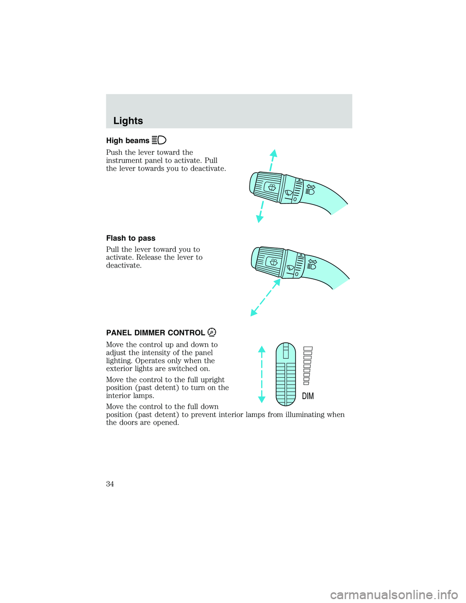 FORD EXPLORER SPORT TRAC 2002 Owners Guide High beams
Push the lever toward the
instrument panel to activate. Pull
the lever towards you to deactivate.
Flash to pass
Pull the lever toward you to
activate. Release the lever to
deactivate.
PANEL