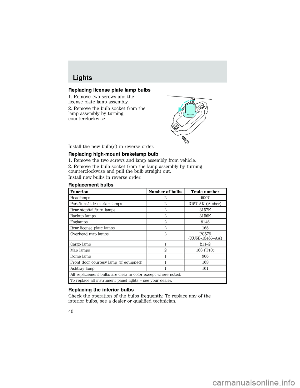 FORD EXPLORER SPORT TRAC 2002 Owners Guide Replacing license plate lamp bulbs
1. Remove two screws and the
license plate lamp assembly.
2. Remove the bulb socket from the
lamp assembly by turning
counterclockwise.
Install the new bulb(s) in re