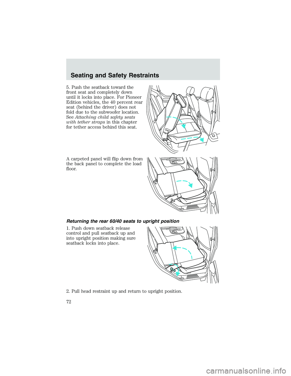 FORD EXPLORER SPORT TRAC 2002 Manual PDF 5. Push the seatback toward the
front seat and completely down
until it locks into place. For Pioneer
Edition vehicles, the 40 percent rear
seat (behind the driver) does not
fold due to the subwoofer FORD EXPLORER SPORT TRAC 2002 Manual PDF 5. Push the seatback toward the
front seat and completely down
until it locks into place. For Pioneer
Edition vehicles, the 40 percent rear
seat (behind the driver) does not
fold due to the subwoofer