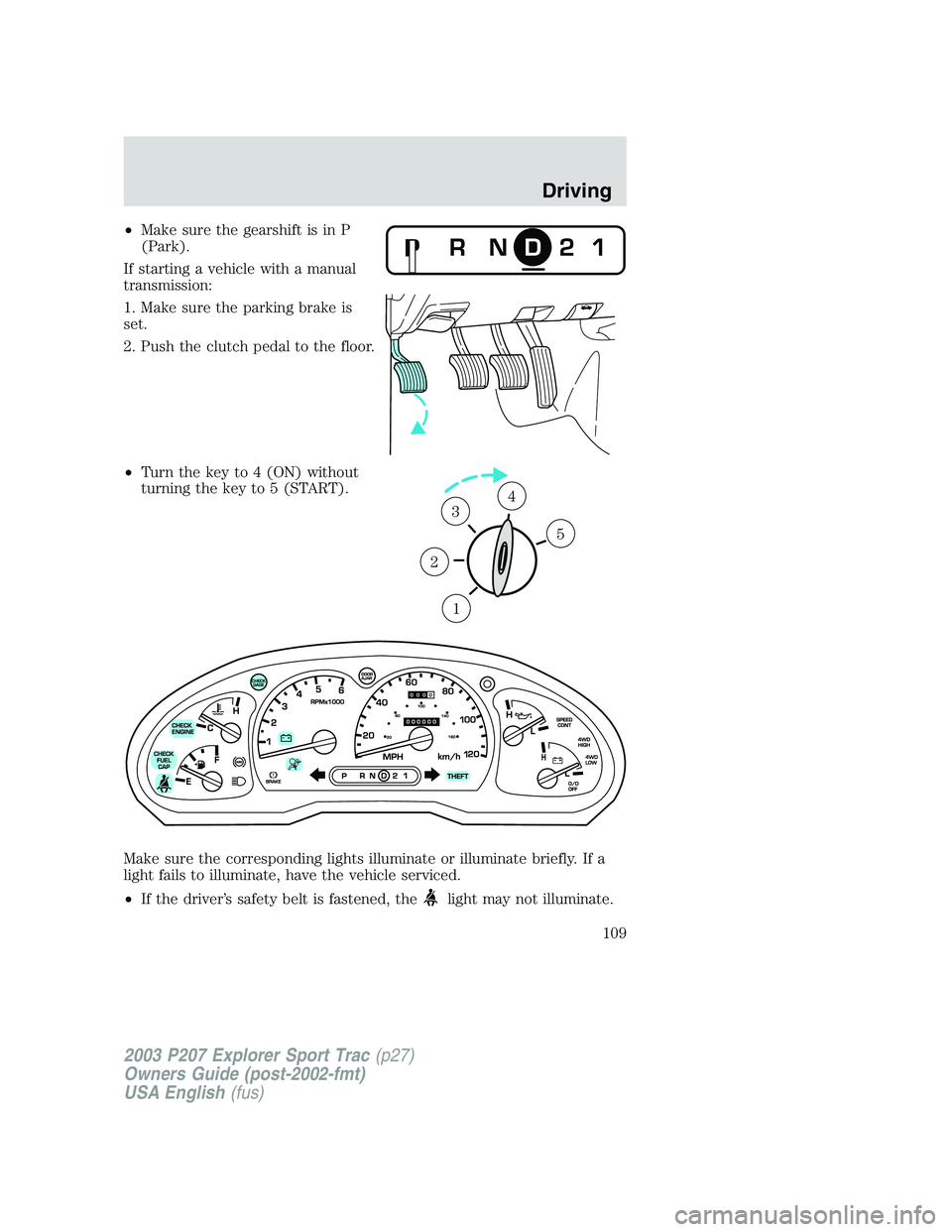 FORD EXPLORER SPORT TRAC 2003 Owners Manual •Make sure the gearshift is in P
(Park).
If starting a vehicle with a manual
transmission:
1. Make sure the parking brake is
set.
2. Push the clutch pedal to the floor.
•Turn the key to 4 (ON) wit FORD EXPLORER SPORT TRAC 2003 Owners Manual •Make sure the gearshift is in P
(Park).
If starting a vehicle with a manual
transmission:
1. Make sure the parking brake is
set.
2. Push the clutch pedal to the floor.
•Turn the key to 4 (ON) wit