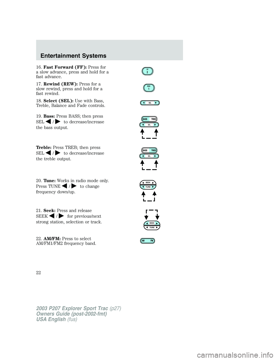 FORD EXPLORER SPORT TRAC 2003  Owners Manual 16.Fast Forward (FF):Press for
a slow advance, press and hold for a
fast advance.
17.Rewind (REW):Press for a
slow rewind, press and hold for a
fast rewind.
18.Select (SEL):Use with Bass,
Treble, Bala