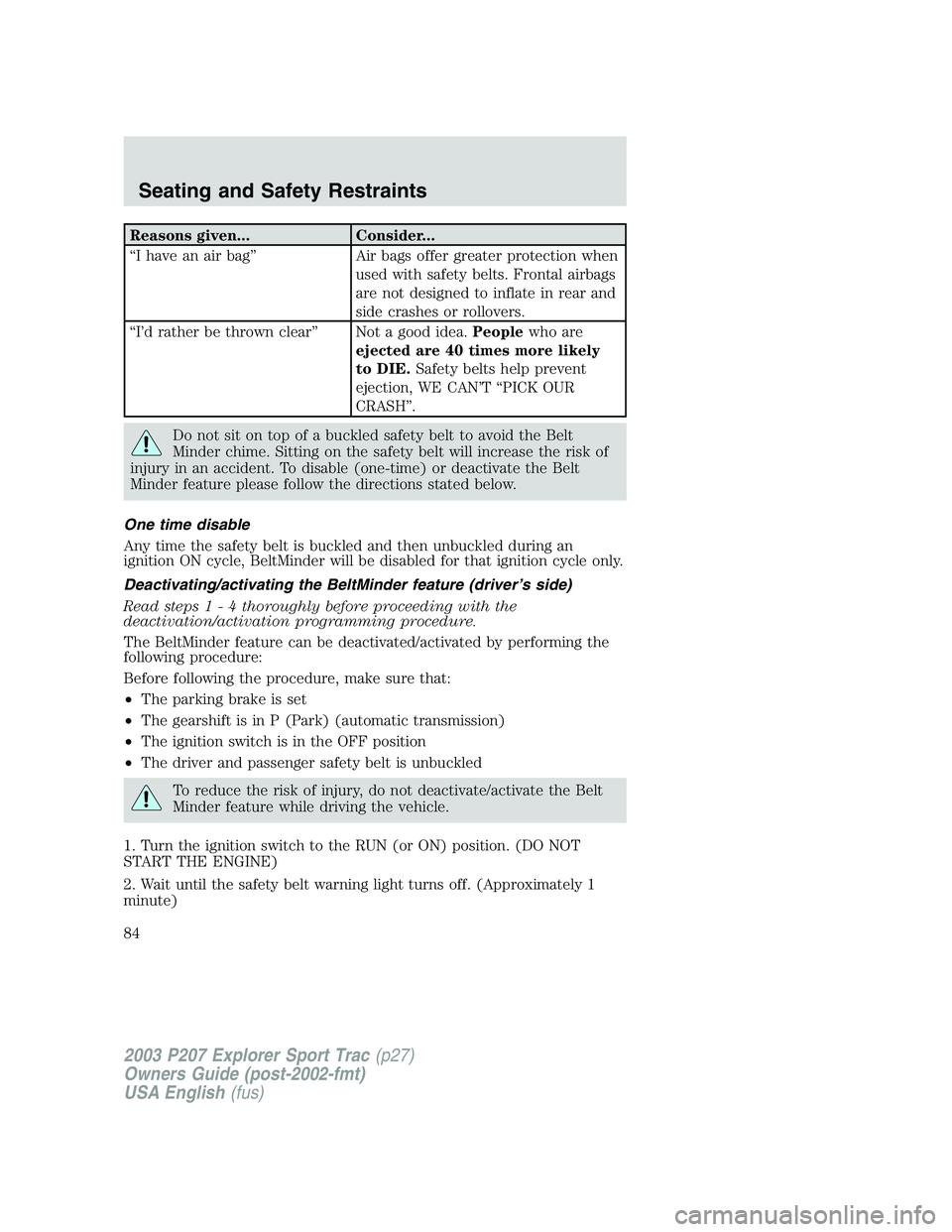FORD EXPLORER SPORT TRAC 2003 Owners Manual Reasons given... Consider...
“I have an air bag” Air bags offer greater protection when
used with safety belts. Frontal airbags
are not designed to inflate in rear and
side crashes or rollovers.
FORD EXPLORER SPORT TRAC 2003 Owners Manual Reasons given... Consider...
“I have an air bag” Air bags offer greater protection when
used with safety belts. Frontal airbags
are not designed to inflate in rear and
side crashes or rollovers.