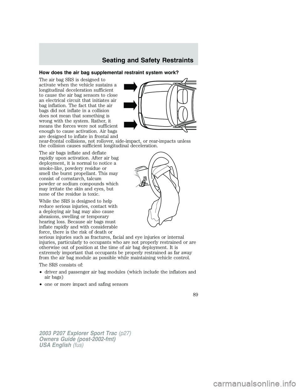 FORD EXPLORER SPORT TRAC 2003 Manual Online How does the air bag supplemental restraint system work?
The air bag SRS is designed to
activate when the vehicle sustains a
longitudinal deceleration sufficient
to cause the air bag sensors to close
FORD EXPLORER SPORT TRAC 2003 Manual Online How does the air bag supplemental restraint system work?
The air bag SRS is designed to
activate when the vehicle sustains a
longitudinal deceleration sufficient
to cause the air bag sensors to close