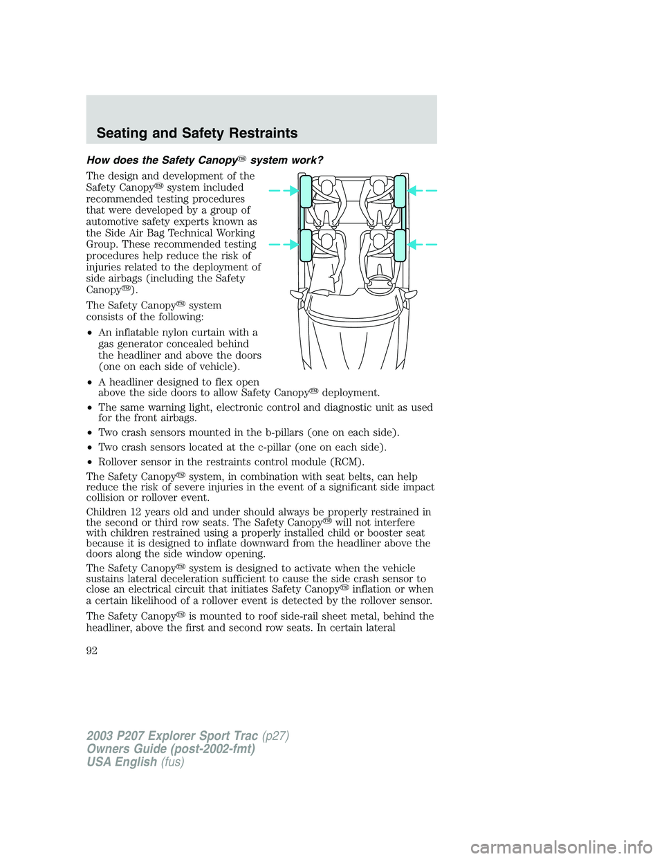 FORD EXPLORER SPORT TRAC 2003  Owners Manual How does the Safety Canopysystem work?
The design and development of the
Safety Canopysystem included
recommended testing procedures
that were developed by a group of
automotive safety experts known