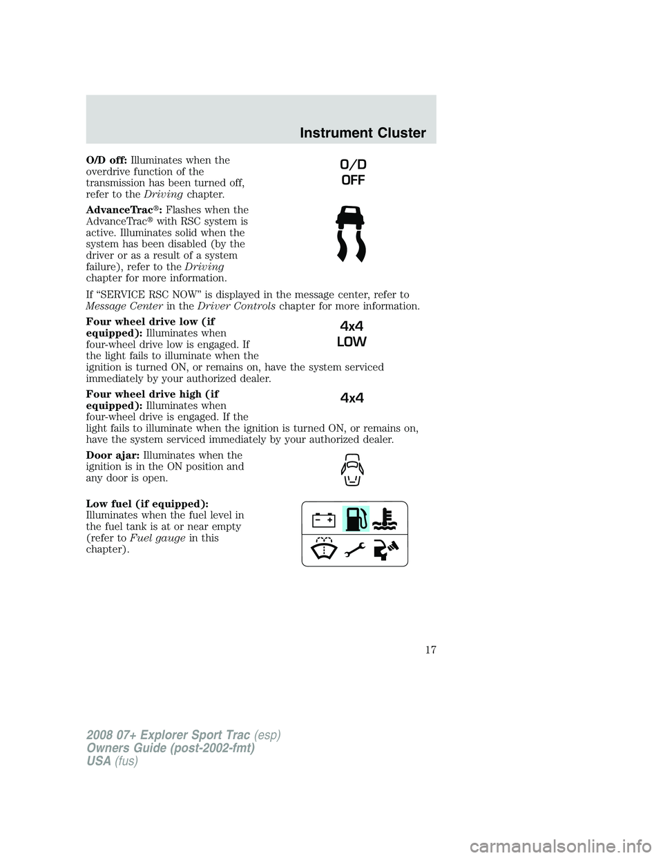 FORD EXPLORER SPORT TRAC 2008 User Guide O/D off:Illuminates when the
overdrive function of the
transmission has been turned off,
refer to theDrivingchapter.
AdvanceTrac:Flashes when the
AdvanceTracwith RSC system is
active. Illuminates so