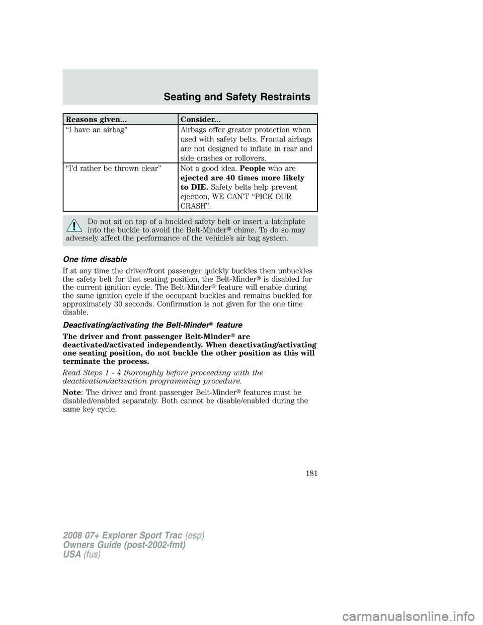 FORD EXPLORER SPORT TRAC 2008  Owners Manual Reasons given... Consider...
“I have an airbag” Airbags offer greater protection when
used with safety belts. Frontal airbags
are not designed to inflate in rear and
side crashes or rollovers.
“