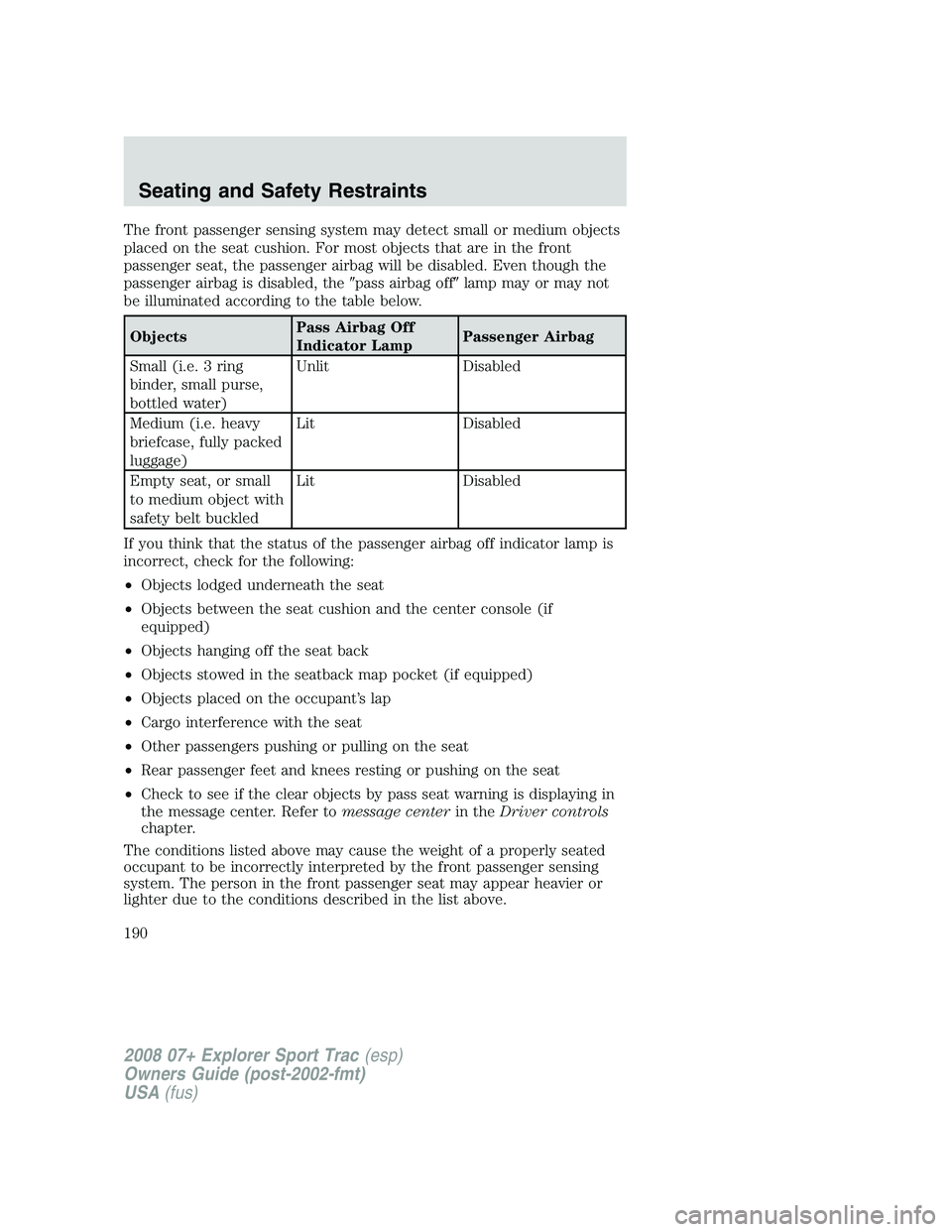 FORD EXPLORER SPORT TRAC 2008  Owners Manual The front passenger sensing system may detect small or medium objects
placed on the seat cushion. For most objects that are in the front
passenger seat, the passenger airbag will be disabled. Even tho