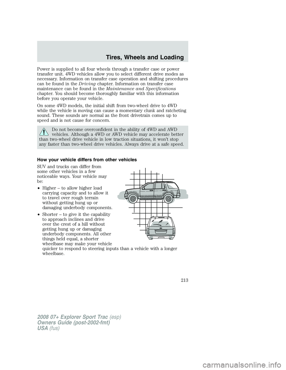 FORD EXPLORER SPORT TRAC 2008 Owners Manual Power is supplied to all four wheels through a transfer case or power
transfer unit. 4WD vehicles allow you to select different drive modes as
necessary. Information on transfer case operation and shi FORD EXPLORER SPORT TRAC 2008 Owners Manual Power is supplied to all four wheels through a transfer case or power
transfer unit. 4WD vehicles allow you to select different drive modes as
necessary. Information on transfer case operation and shi