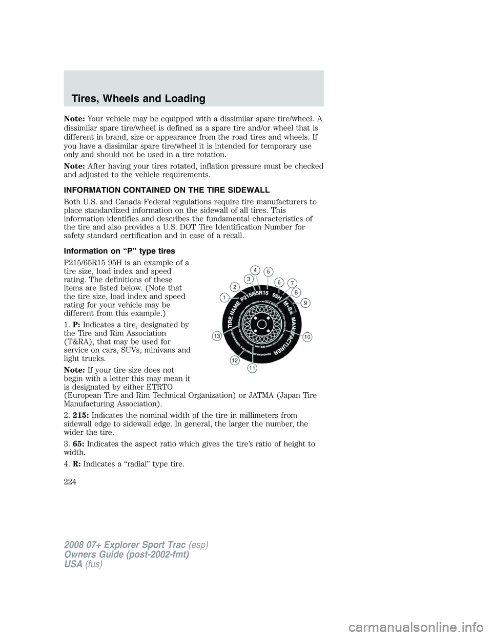 FORD EXPLORER SPORT TRAC 2008  Owners Manual Note:Your vehicle may be equipped with a dissimilar spare tire/wheel. A
dissimilar spare tire/wheel is defined as a spare tire and/or wheel that is
different in brand, size or appearance from the road