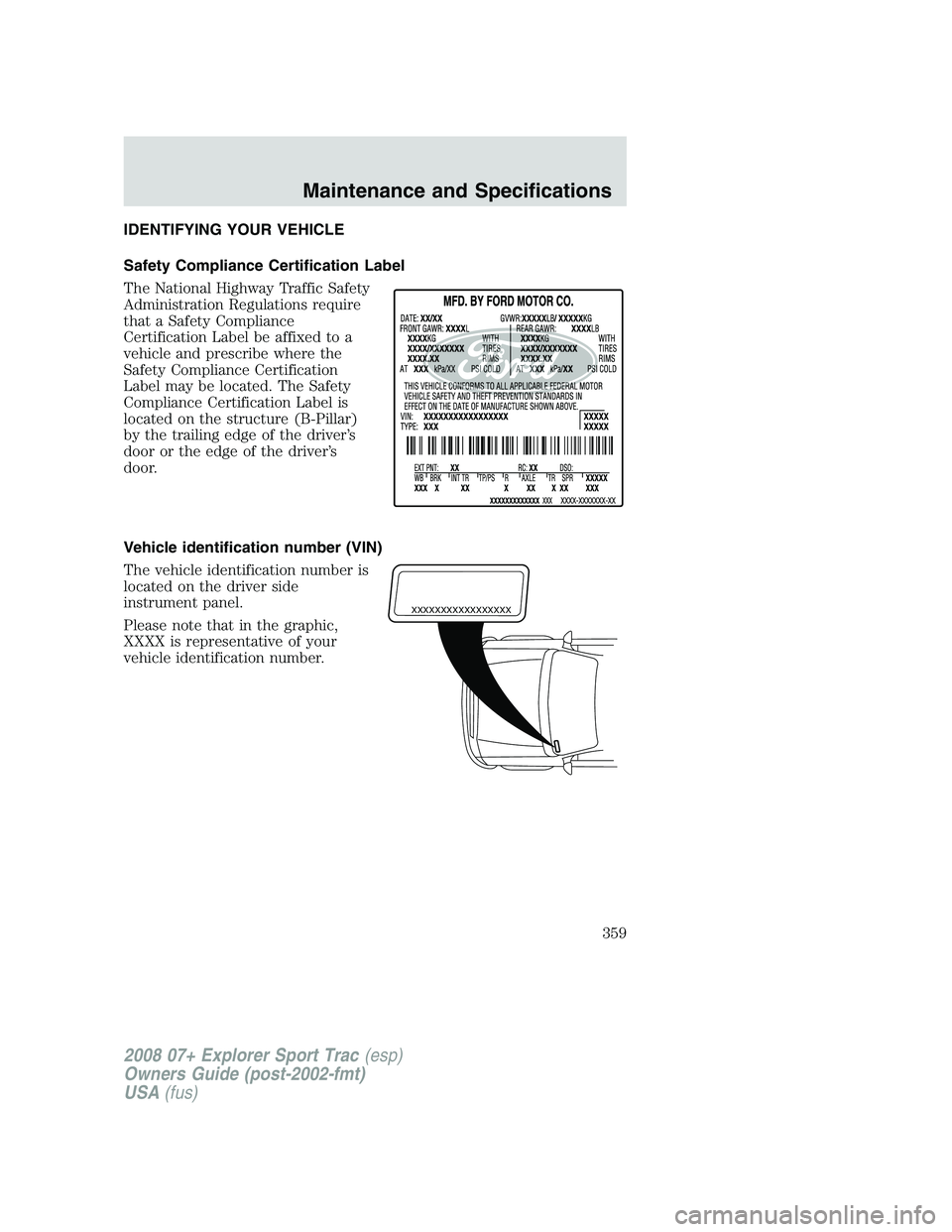 FORD EXPLORER SPORT TRAC 2008  Owners Manual IDENTIFYING YOUR VEHICLE
Safety Compliance Certification Label
The National Highway Traffic Safety
Administration Regulations require
that a Safety Compliance
Certification Label be affixed to a
vehic