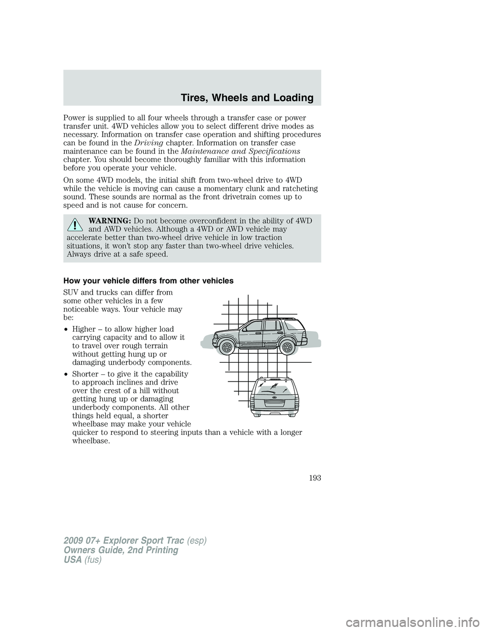 FORD EXPLORER SPORT TRAC 2009 Owners Manual Power is supplied to all four wheels through a transfer case or power
transfer unit. 4WD vehicles allow you to select different drive modes as
necessary. Information on transfer case operation and shi FORD EXPLORER SPORT TRAC 2009 Owners Manual Power is supplied to all four wheels through a transfer case or power
transfer unit. 4WD vehicles allow you to select different drive modes as
necessary. Information on transfer case operation and shi