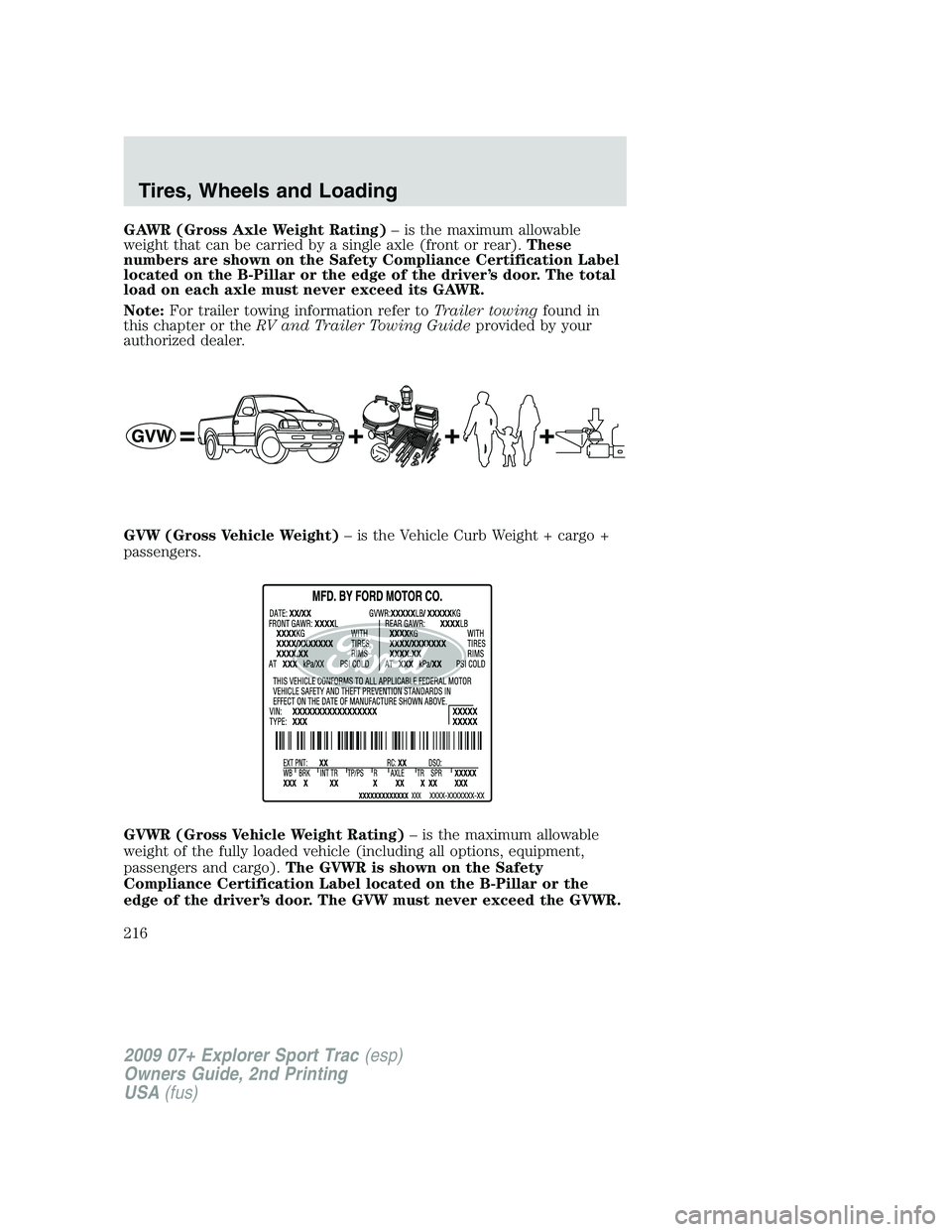 FORD EXPLORER SPORT TRAC 2009 Owners Manual GAWR (Gross Axle Weight Rating)– is the maximum allowable
weight that can be carried by a single axle (front or rear).These
numbers are shown on the Safety Compliance Certification Label
located on FORD EXPLORER SPORT TRAC 2009 Owners Manual GAWR (Gross Axle Weight Rating)– is the maximum allowable
weight that can be carried by a single axle (front or rear).These
numbers are shown on the Safety Compliance Certification Label
located on