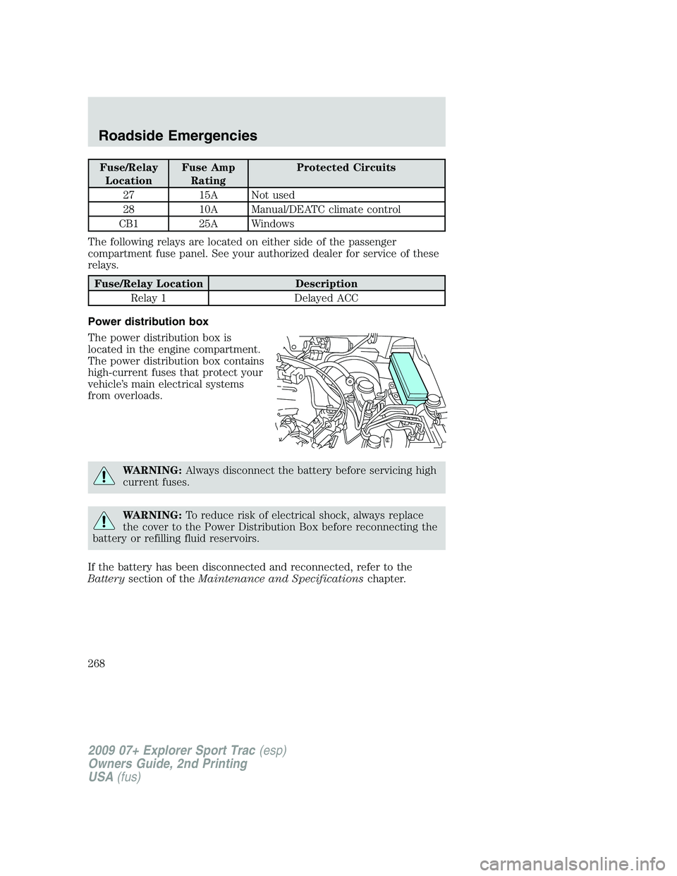 FORD EXPLORER SPORT TRAC 2009 Owners Manual Fuse/Relay
LocationFuse Amp
RatingProtected Circuits
27 15A Not used
28 10A Manual/DEATC climate control
CB1 25A Windows
The following relays are located on either side of the passenger
compartment fu FORD EXPLORER SPORT TRAC 2009 Owners Manual Fuse/Relay
LocationFuse Amp
RatingProtected Circuits
27 15A Not used
28 10A Manual/DEATC climate control
CB1 25A Windows
The following relays are located on either side of the passenger
compartment fu