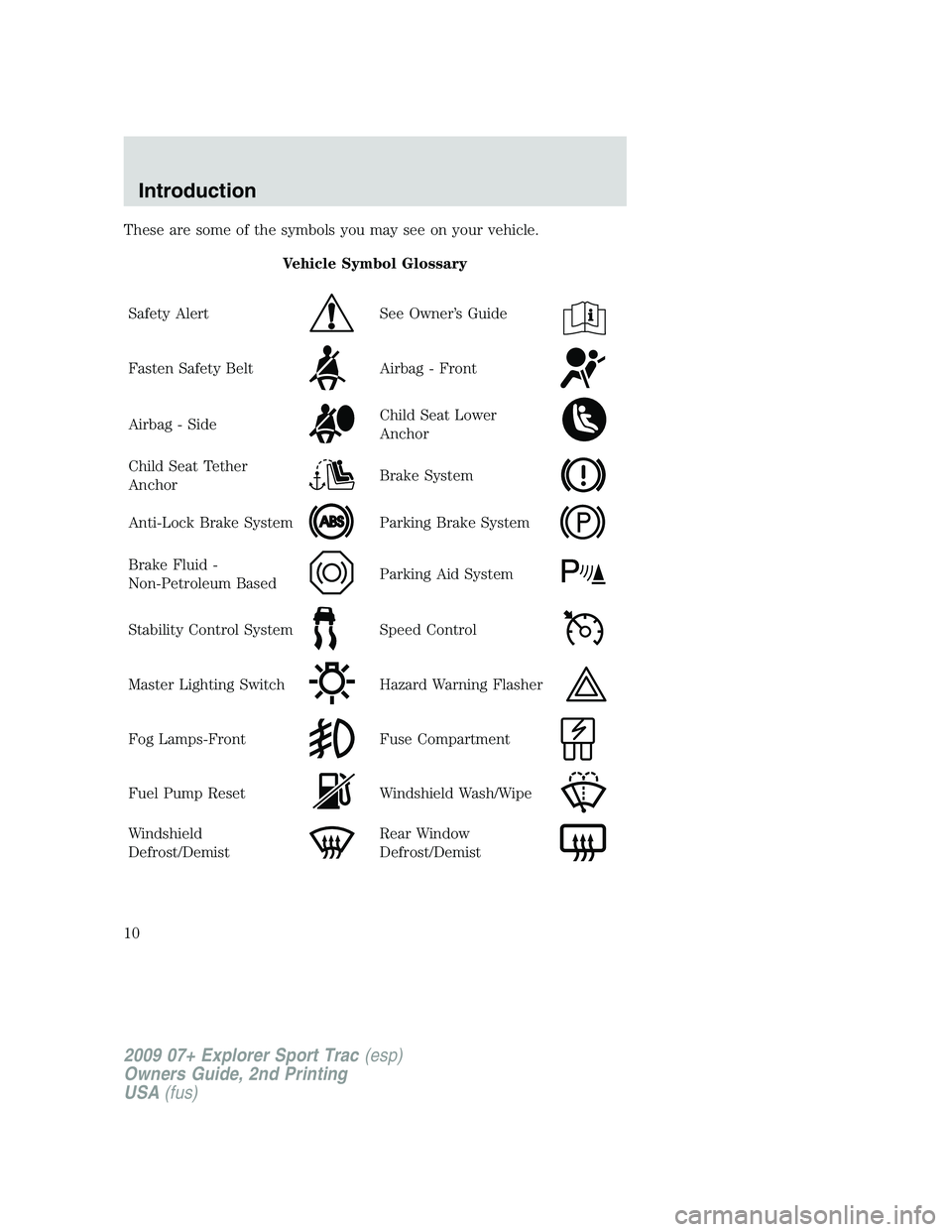 FORD EXPLORER SPORT TRAC 2009 Owners Manual These are some of the symbols you may see on your vehicle.
Vehicle Symbol Glossary
Safety Alert
See Owner’s Guide
Fasten Safety BeltAirbag - Front
Airbag - SideChild Seat Lower
Anchor
Child Seat Tet FORD EXPLORER SPORT TRAC 2009 Owners Manual These are some of the symbols you may see on your vehicle.
Vehicle Symbol Glossary
Safety Alert
See Owner’s Guide
Fasten Safety BeltAirbag - Front
Airbag - SideChild Seat Lower
Anchor
Child Seat Tet