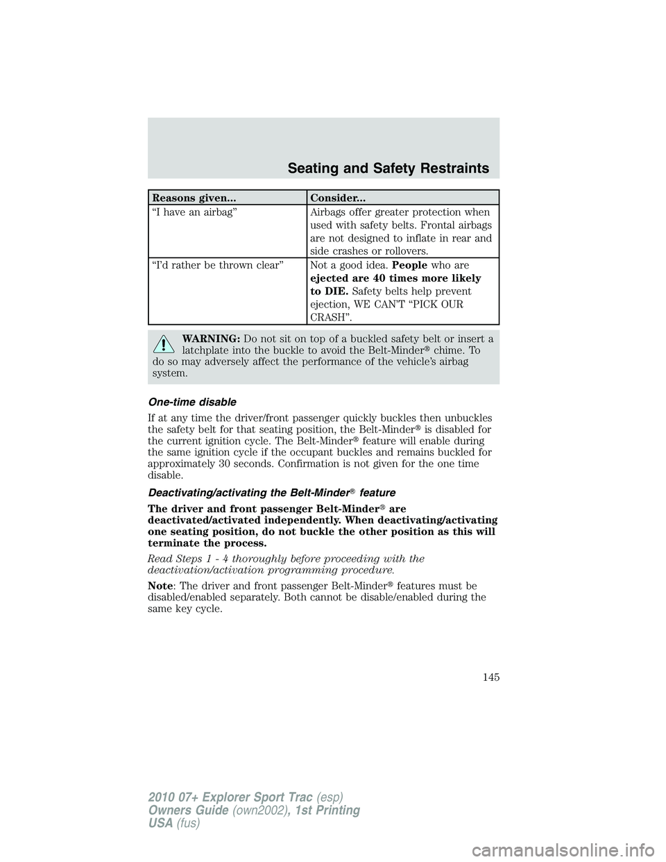 FORD EXPLORER SPORT TRAC 2010  Owners Manual Reasons given... Consider...
“I have an airbag” Airbags offer greater protection when
used with safety belts. Frontal airbags
are not designed to inflate in rear and
side crashes or rollovers.
“