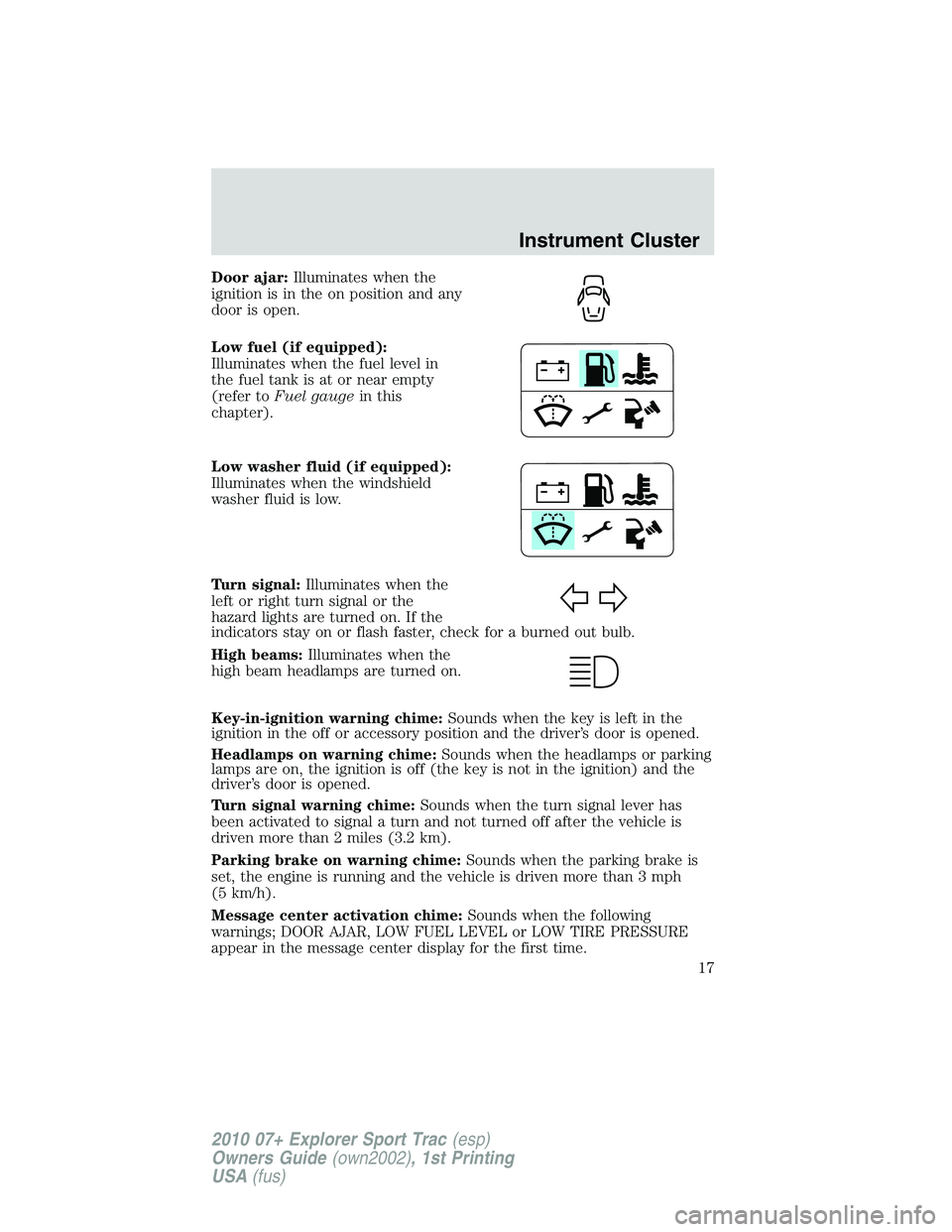 FORD EXPLORER SPORT TRAC 2010 User Guide Door ajar:Illuminates when the
ignition is in the on position and any
door is open.
Low fuel (if equipped):
Illuminates when the fuel level in
the fuel tank is at or near empty
(refer toFuel gaugein t
