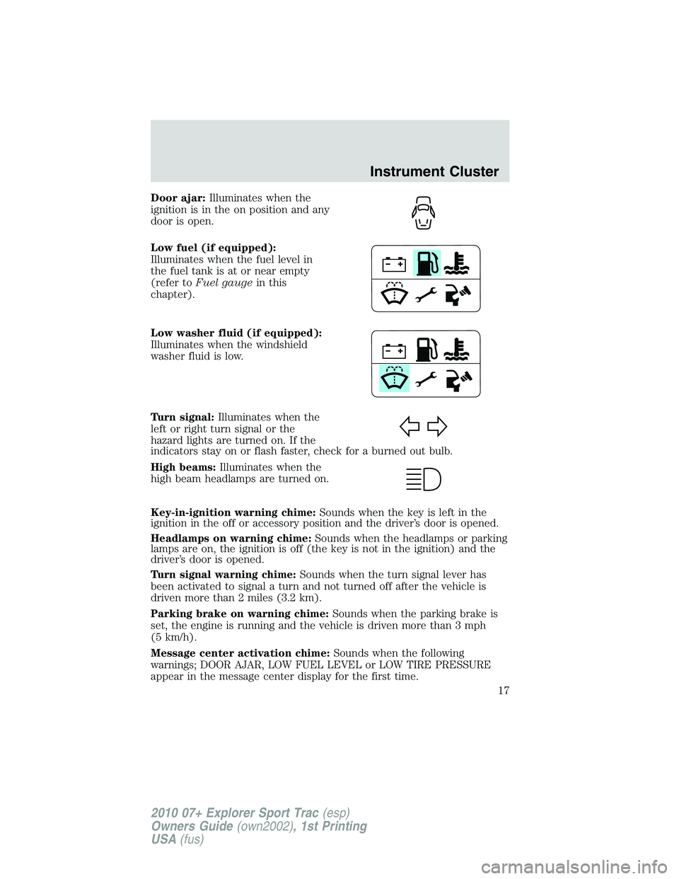 FORD EXPLORER SPORT TRAC 2010  Owners Manual Door ajar:Illuminates when the
ignition is in the on position and any
door is open.
Low fuel (if equipped):
Illuminates when the fuel level in
the fuel tank is at or near empty
(refer toFuel gaugein t