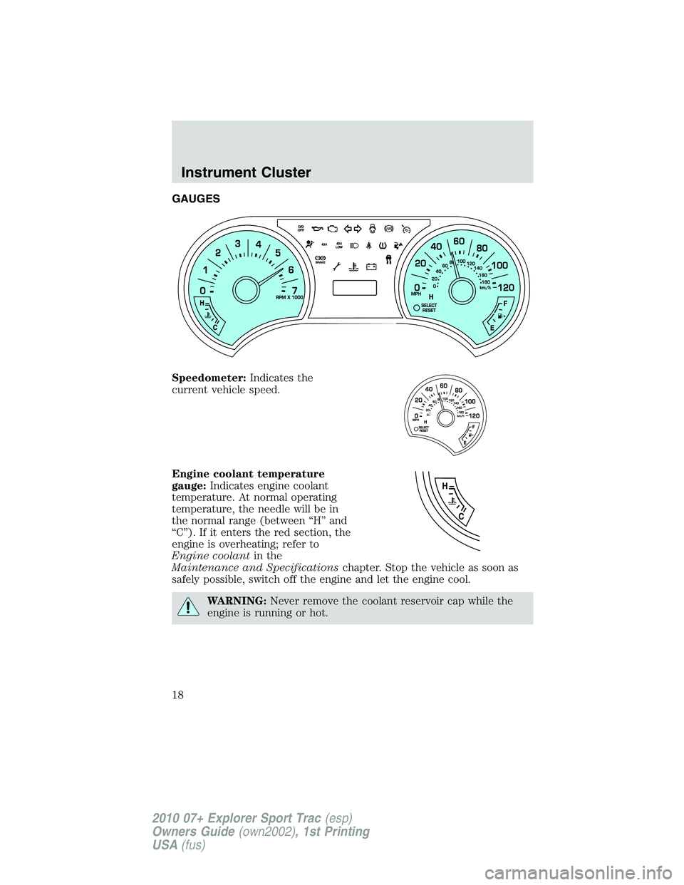FORD EXPLORER SPORT TRAC 2010 User Guide GAUGES
Speedometer:Indicates the
current vehicle speed.
Engine coolant temperature
gauge:Indicates engine coolant
temperature. At normal operating
temperature, the needle will be in
the normal range (