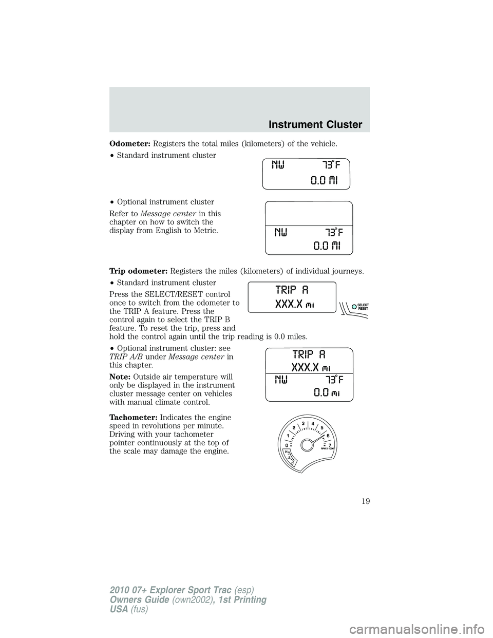 FORD EXPLORER SPORT TRAC 2010 User Guide Odometer:Registers the total miles (kilometers) of the vehicle.
•Standard instrument cluster
•Optional instrument cluster
Refer toMessage centerin this
chapter on how to switch the
display from En