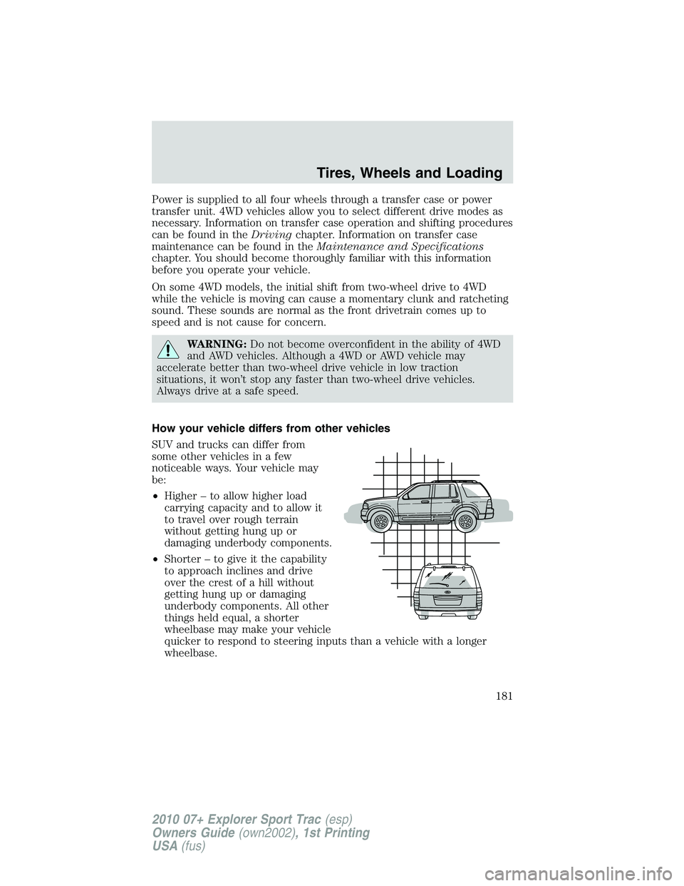 FORD EXPLORER SPORT TRAC 2010 Owners Manual Power is supplied to all four wheels through a transfer case or power
transfer unit. 4WD vehicles allow you to select different drive modes as
necessary. Information on transfer case operation and shi FORD EXPLORER SPORT TRAC 2010 Owners Manual Power is supplied to all four wheels through a transfer case or power
transfer unit. 4WD vehicles allow you to select different drive modes as
necessary. Information on transfer case operation and shi