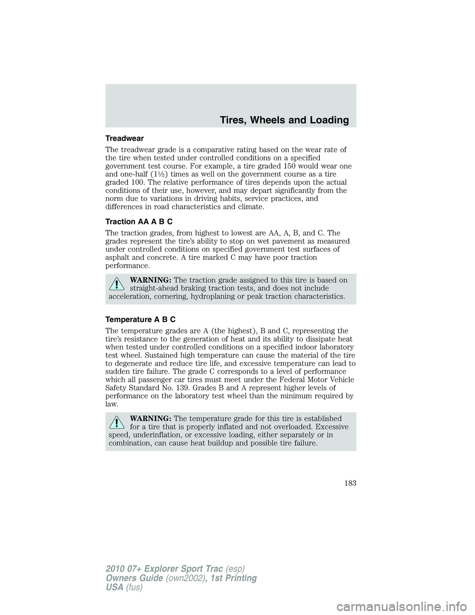 FORD EXPLORER SPORT TRAC 2010 Owners Manual Treadwear
The treadwear grade is a comparative rating based on the wear rate of
the tire when tested under controlled conditions on a specified
government test course. For example, a tire graded 150 w FORD EXPLORER SPORT TRAC 2010 Owners Manual Treadwear
The treadwear grade is a comparative rating based on the wear rate of
the tire when tested under controlled conditions on a specified
government test course. For example, a tire graded 150 w