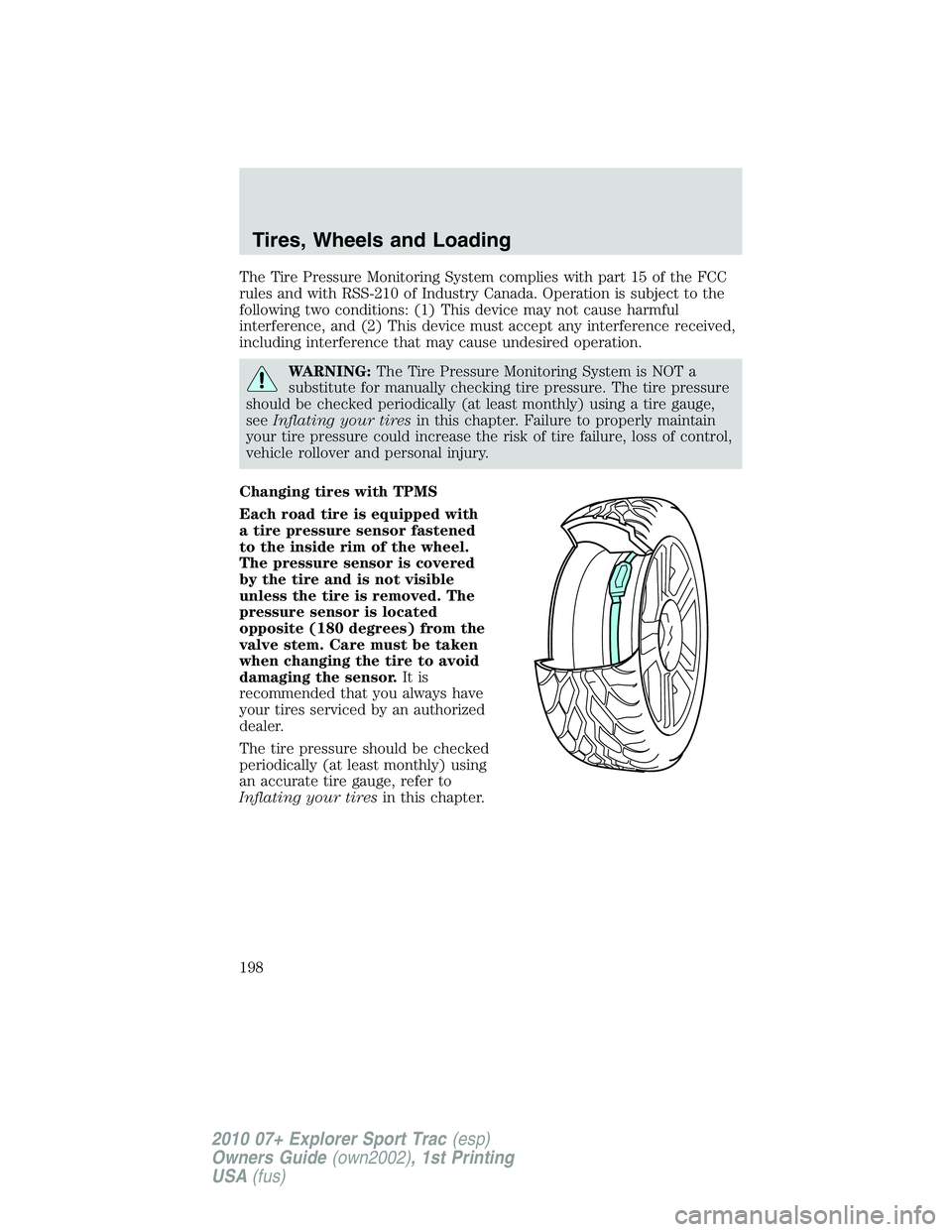 FORD EXPLORER SPORT TRAC 2010 Owners Manual The Tire Pressure Monitoring System complies with part 15 of the FCC
rules and with RSS-210 of Industry Canada. Operation is subject to the
following two conditions: (1) This device may not cause harm FORD EXPLORER SPORT TRAC 2010 Owners Manual The Tire Pressure Monitoring System complies with part 15 of the FCC
rules and with RSS-210 of Industry Canada. Operation is subject to the
following two conditions: (1) This device may not cause harm