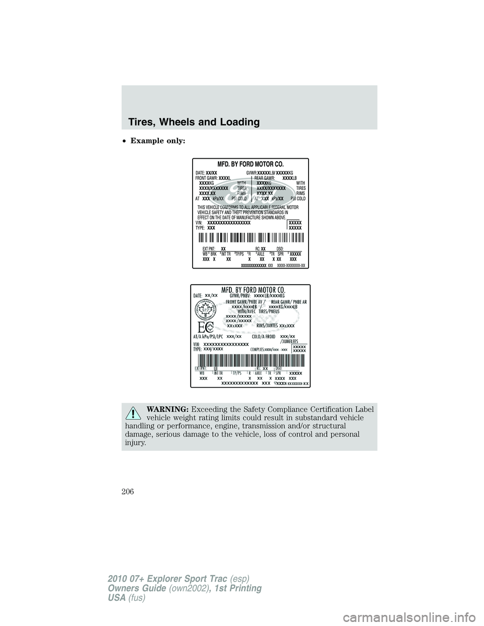 FORD EXPLORER SPORT TRAC 2010 Owners Manual •Example only:
WARNING:Exceeding the Safety Compliance Certification Label
vehicle weight rating limits could result in substandard vehicle
handling or performance, engine, transmission and/or struc FORD EXPLORER SPORT TRAC 2010 Owners Manual •Example only:
WARNING:Exceeding the Safety Compliance Certification Label
vehicle weight rating limits could result in substandard vehicle
handling or performance, engine, transmission and/or struc