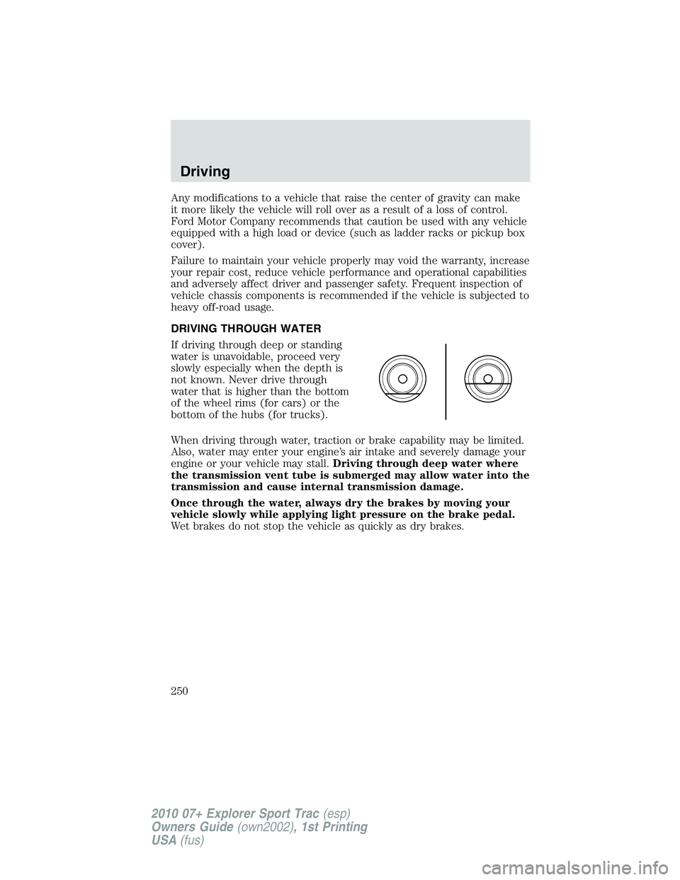 FORD EXPLORER SPORT TRAC 2010 Owners Manual Any modifications to a vehicle that raise the center of gravity can make
it more likely the vehicle will roll over as a result of a loss of control.
Ford Motor Company recommends that caution be used FORD EXPLORER SPORT TRAC 2010 Owners Manual Any modifications to a vehicle that raise the center of gravity can make
it more likely the vehicle will roll over as a result of a loss of control.
Ford Motor Company recommends that caution be used