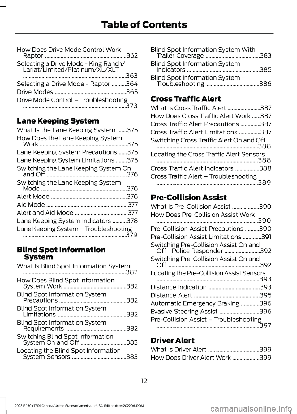 FORD F150 2023 User Guide How Does Drive Mode Control Work -Raptor.........................................................362
Selecting a Drive Mode - King Ranch/Lariat/Limited/Platinum/XL/XLT................................. FORD F150 2023 User Guide How Does Drive Mode Control Work -Raptor.........................................................362
Selecting a Drive Mode - King Ranch/Lariat/Limited/Platinum/XL/XLT.................................