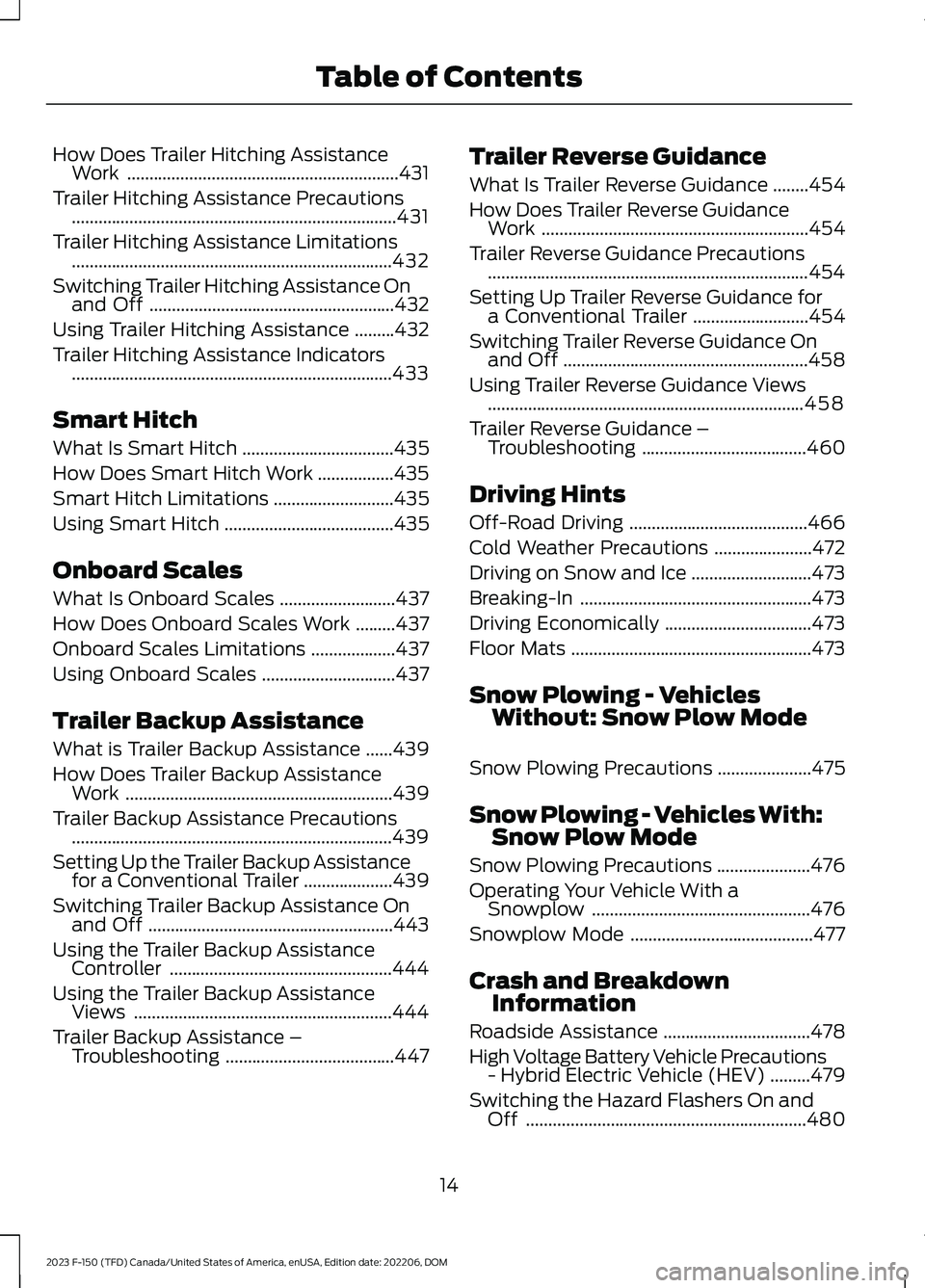 FORD F150 2023 User Guide How Does Trailer Hitching AssistanceWork.............................................................431
Trailer Hitching Assistance Precautions........................................................ FORD F150 2023 User Guide How Does Trailer Hitching AssistanceWork.............................................................431
Trailer Hitching Assistance Precautions........................................................