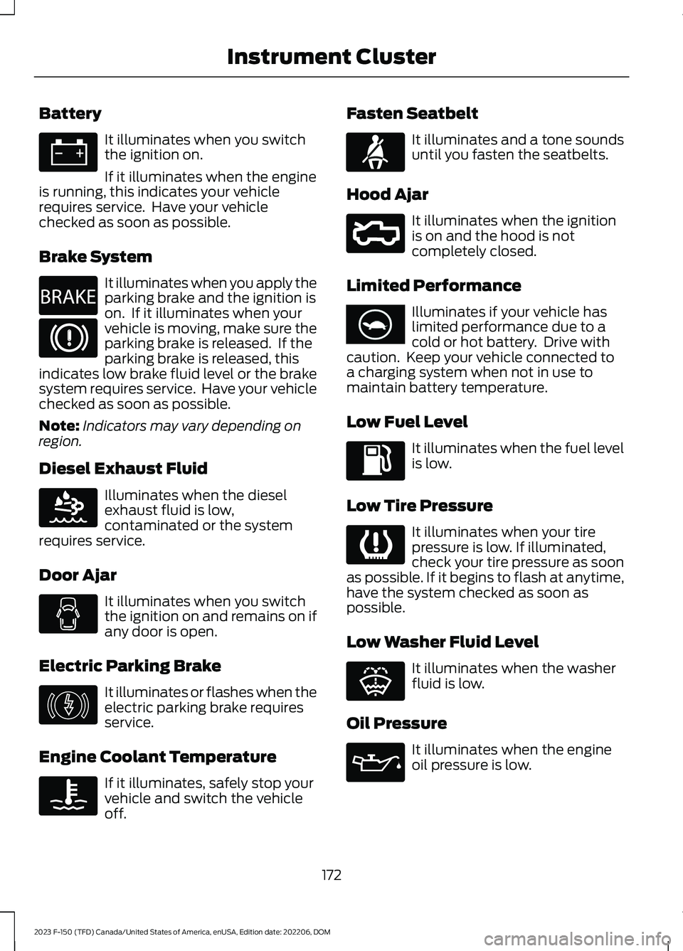FORD F150 2023 Owners Manual Battery
It illuminates when you switchthe ignition on.
If it illuminates when the engineis running, this indicates your vehiclerequires service. Have your vehiclechecked as soon as possible.
Brake Sy FORD F150 2023 Owners Manual Battery
It illuminates when you switchthe ignition on.
If it illuminates when the engineis running, this indicates your vehiclerequires service. Have your vehiclechecked as soon as possible.
Brake Sy