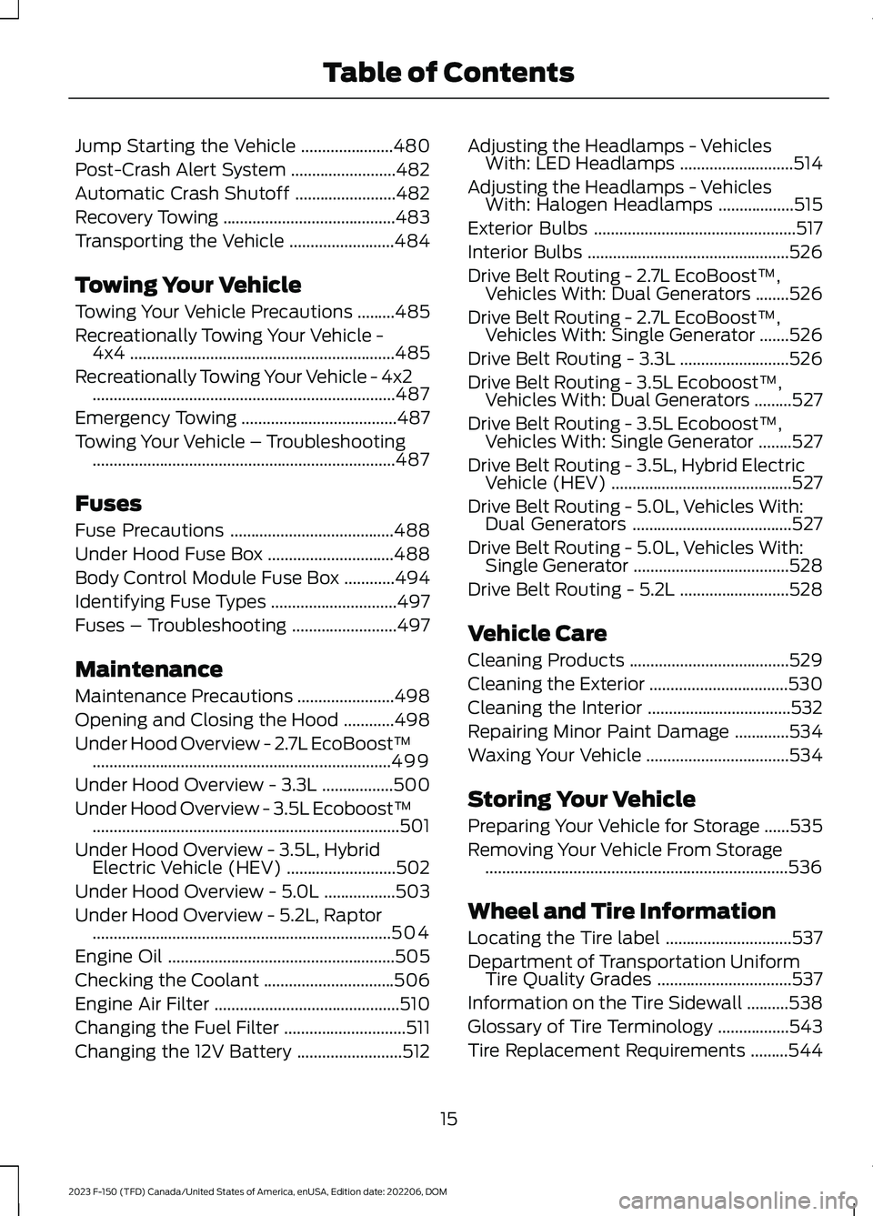 FORD F150 2023  Owners Manual Jump Starting the Vehicle......................480
Post-Crash Alert System.........................482
Automatic Crash Shutoff........................482
Recovery Towing...............................