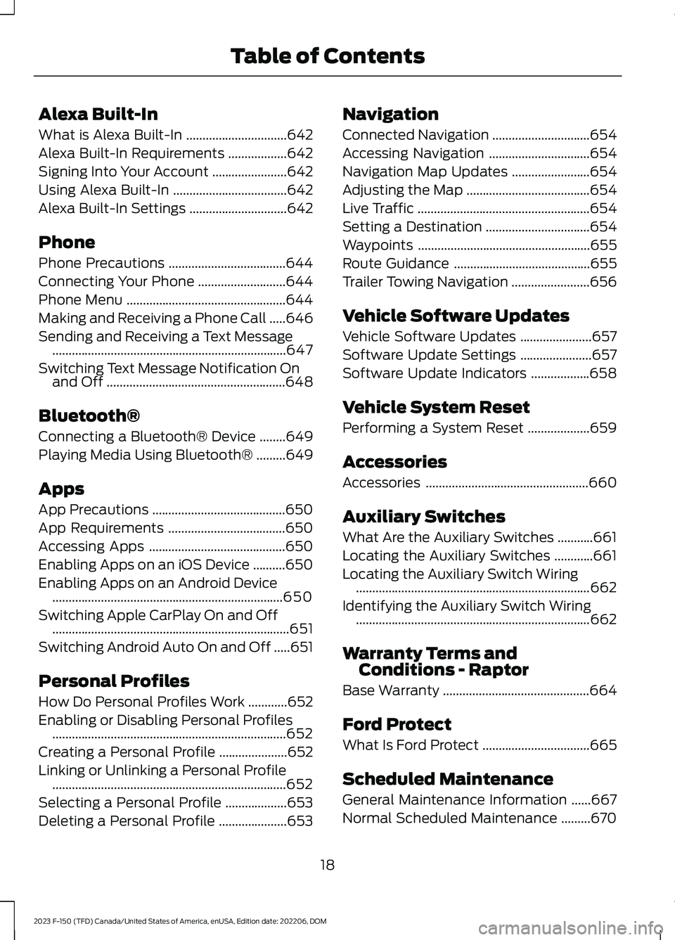 FORD F150 2023  Owners Manual Alexa Built-In
What is Alexa Built-In...............................642
Alexa Built-In Requirements..................642
Signing Into Your Account.......................642
Using Alexa Built-In.......