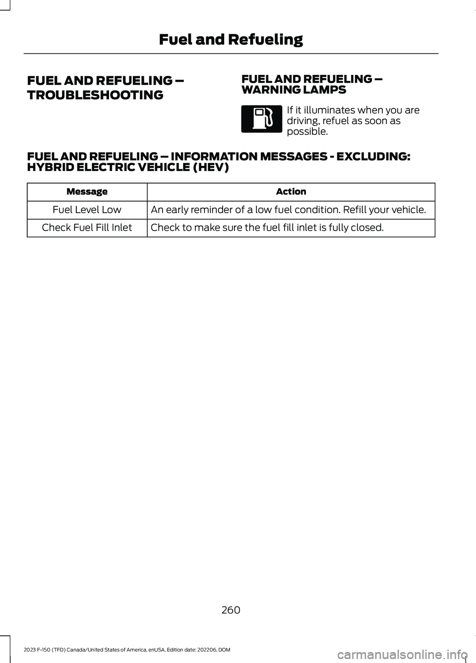 FORD F150 2023  Owners Manual FUEL AND REFUELING –
TROUBLESHOOTING
FUEL AND REFUELING –WARNING LAMPS
If it illuminates when you aredriving, refuel as soon aspossible.
FUEL AND REFUELING – INFORMATION MESSAGES - EXCLUDING:HYB