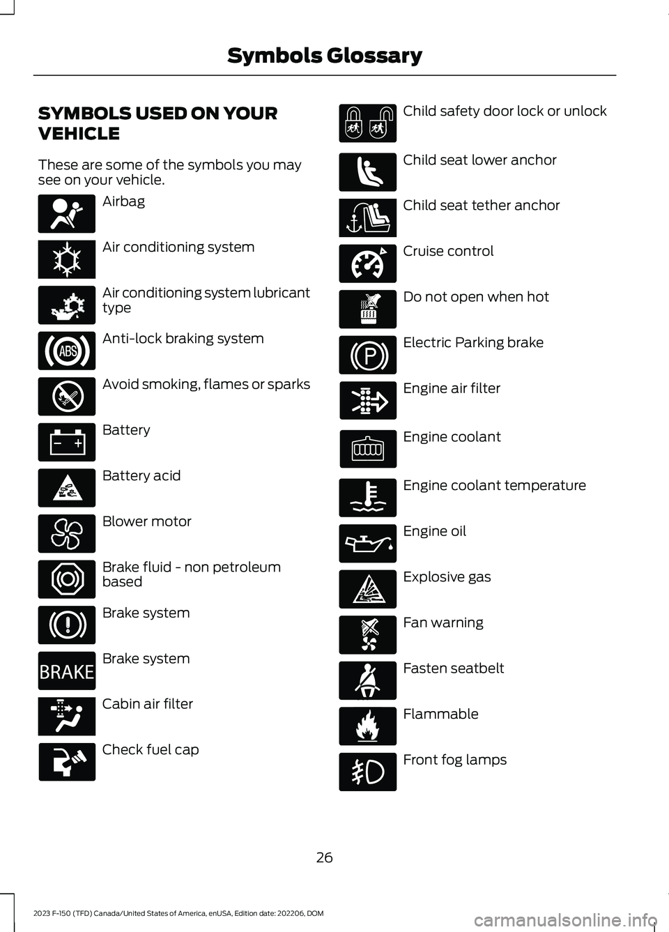 FORD F150 2023 Owners Manual SYMBOLS USED ON YOUR
VEHICLE
These are some of the symbols you maysee on your vehicle.
Airbag
Air conditioning system
Air conditioning system lubricanttype
Anti-lock braking system
Avoid smoking, flam FORD F150 2023 Owners Manual SYMBOLS USED ON YOUR
VEHICLE
These are some of the symbols you maysee on your vehicle.
Airbag
Air conditioning system
Air conditioning system lubricanttype
Anti-lock braking system
Avoid smoking, flam