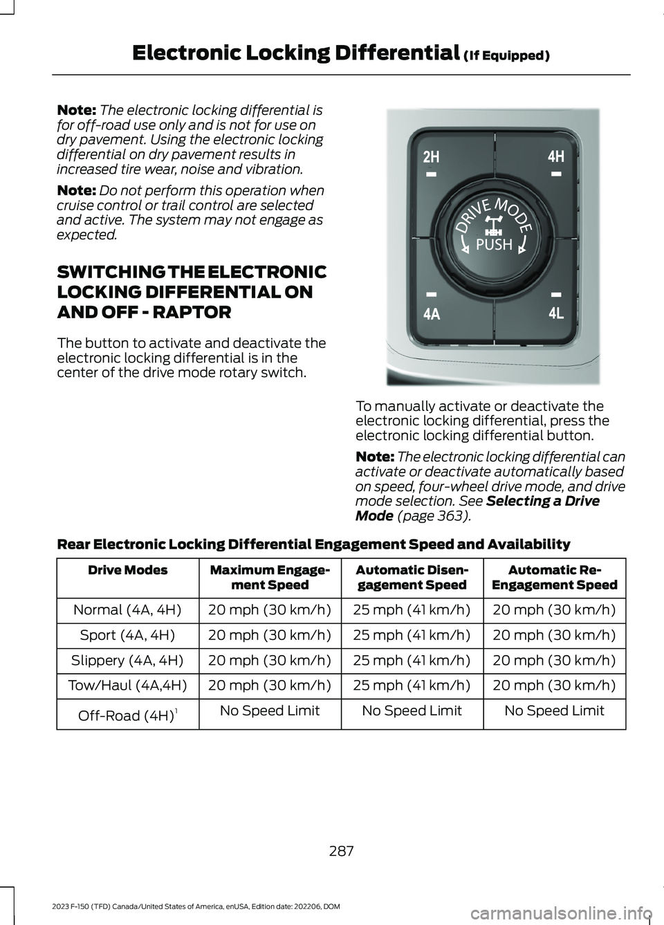 FORD F150 2023 Owners Manual Note:The electronic locking differential isfor off-road use only and is not for use ondry pavement. Using the electronic lockingdifferential on dry pavement results inincreased tire wear, noise and vi FORD F150 2023 Owners Manual Note:The electronic locking differential isfor off-road use only and is not for use ondry pavement. Using the electronic lockingdifferential on dry pavement results inincreased tire wear, noise and vi